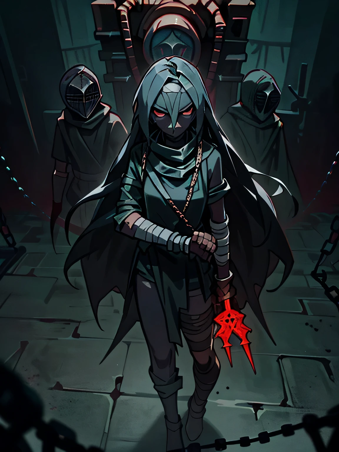 (((darkest dungeon style))), demon girl, ((black skin)), dark black skin, black skin, (ash skin), very long gray hair, ((chains and sickles)), (bandages), less clothing, short clothing, cold lights, highly detailed art, extremely detailed