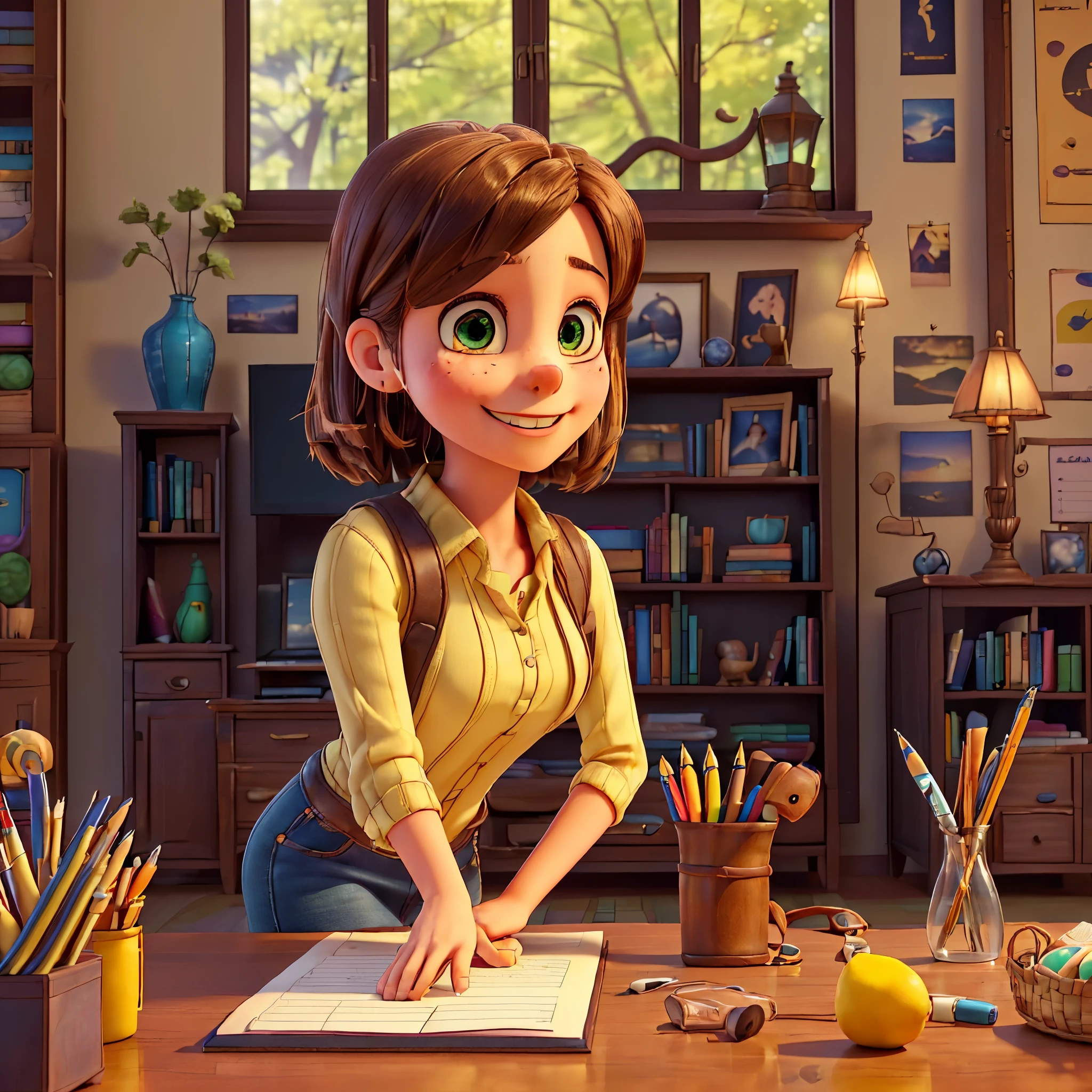 (epic Masterpiece, ultra highest quality, ulra highest resolution, ulra high-definition, distinct_image, very elaborate CG, cinematic lighting, ray tracing, drop shadows, detailed detail, (photorealistic: 1.4), ultra high quality textures, fine-grained, realistic face expression): (lone girl, face is Japan, brown short hair, small size breasts, sparkling eyes, Eye level shot, happy smile, beauty, slim body, holiday, own room, console game, computer, display, keyboard, mouse, long leather skirt, collared shirt, leather vest, handgun holder, carrying leather bag on your back, long boots, antique radio, coffee, model train, bookshelf, spacious yellowchair, Pots, fans, paintings, stuffed animals, ties, notebooks, stationery, vases, photo frames, letters, fountain pens, calendars, lamps, cushions, baskets, mirrors reflecting in profile, candles, telephone, fruit, newspapers, sweets, city Eiffel view outside the window frog) varied multi etc. --v6 --s1000 --c20 --q5 --chaos100