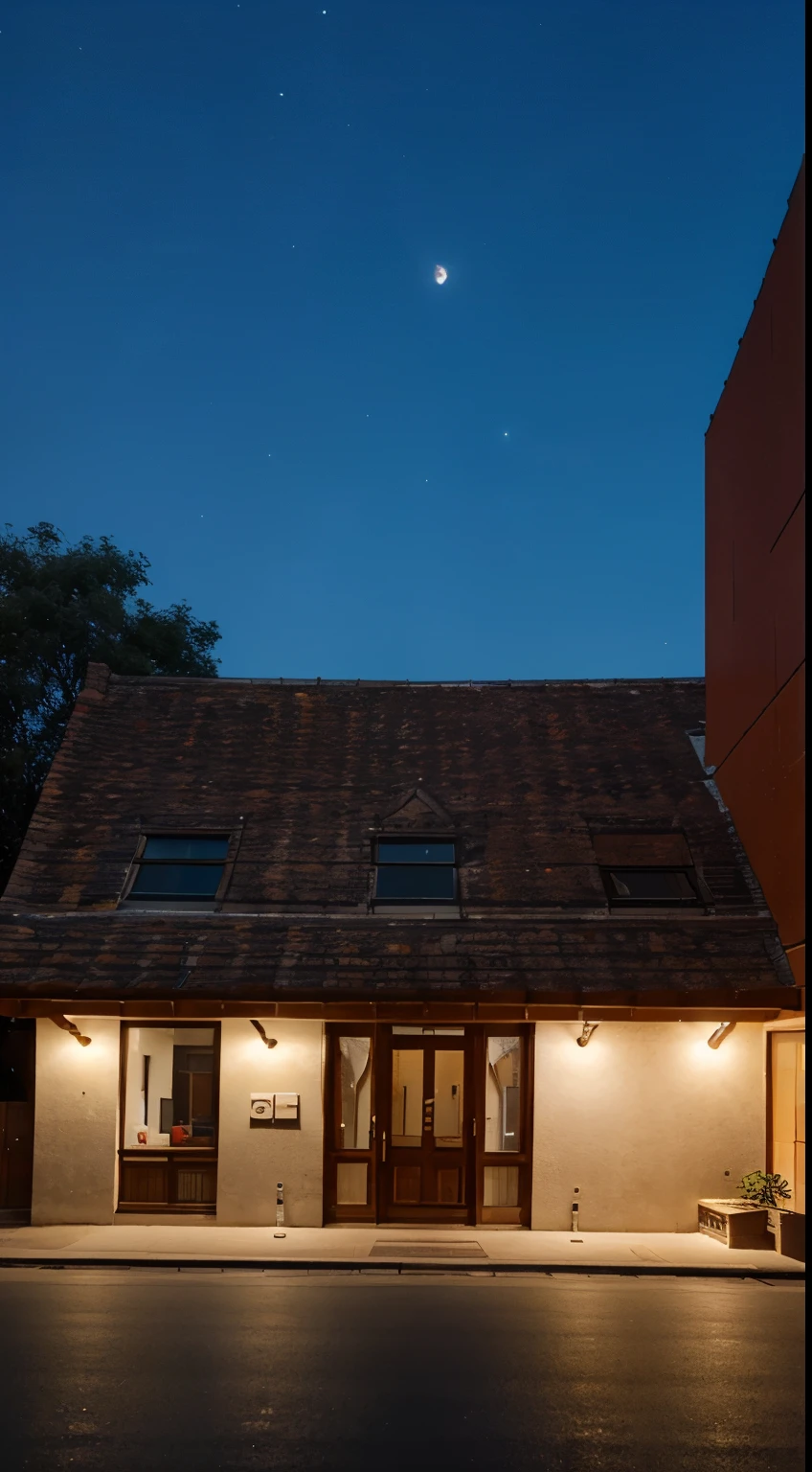 Building, photo taken from below, at night,