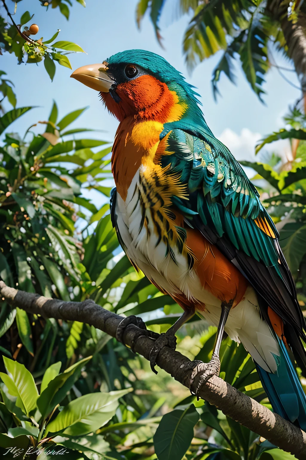 A majestic bird with vibrant plumage, perched on a lush, green tree branch. Its feathers are a kaleidoscope of colors, from brilliant blues and greens to warm oranges and yellows. The bird's wings are gracefully spread, showcasing intricate patterns, and its beak is curved elegantly. The background is filled with the dappled sunlight filtering through the leaves, creating a serene and picturesque scene.