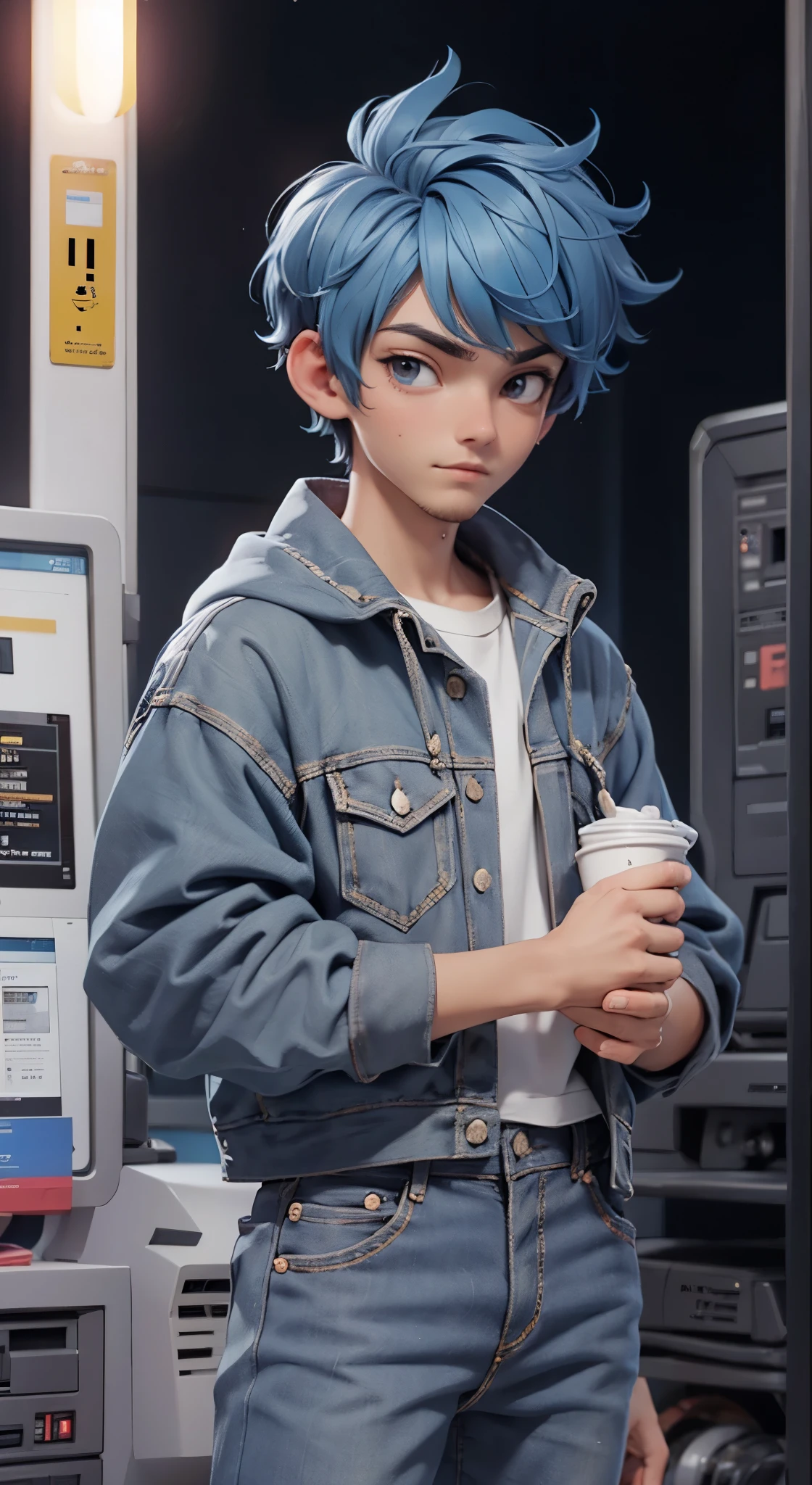 18 year old man, short blue hair, thin, wears a sweatshirt and jeans, he has days of beard