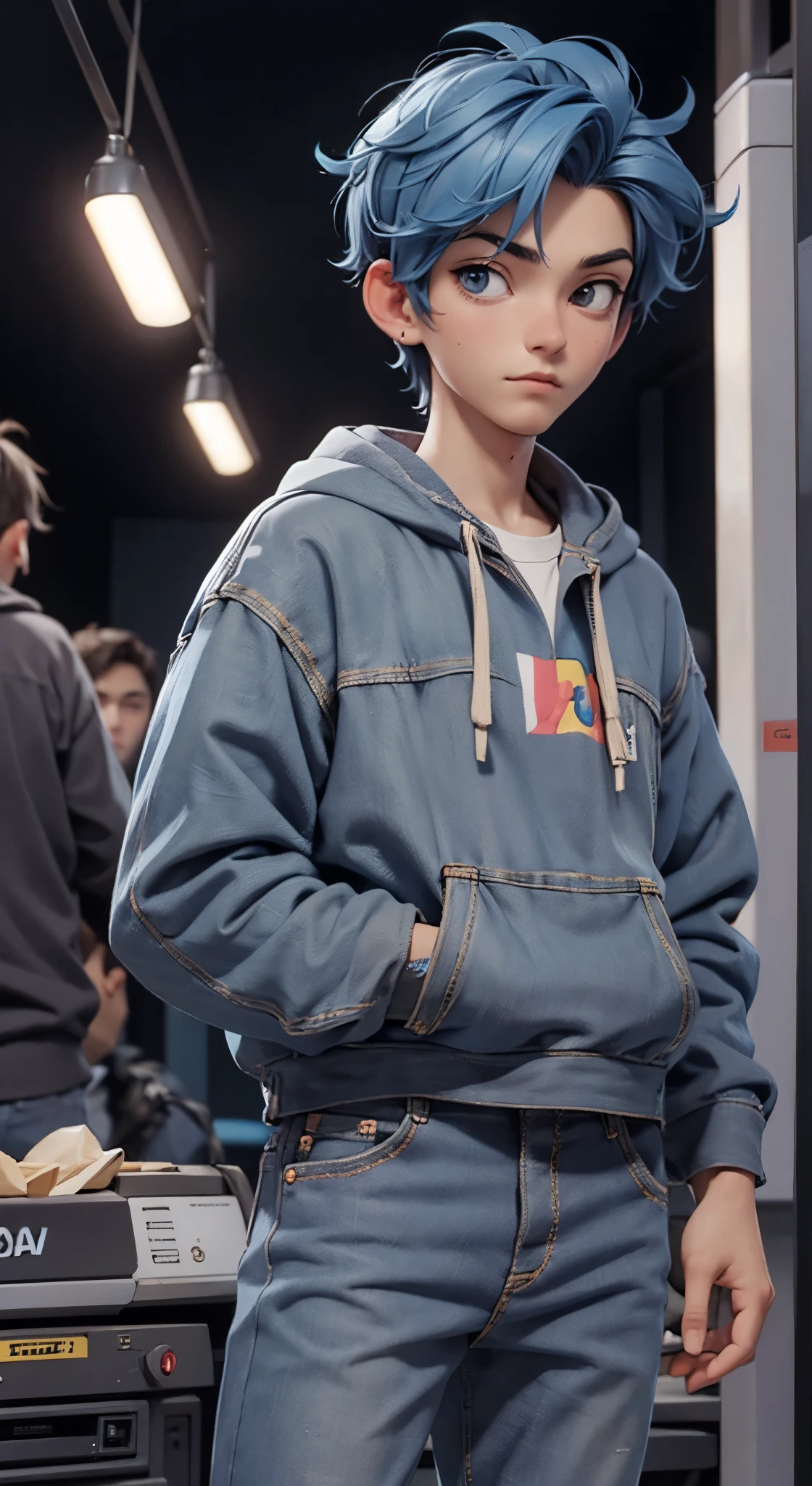 18 year old man, short blue hair, thin, wears a sweatshirt and jeans, he has days of beard