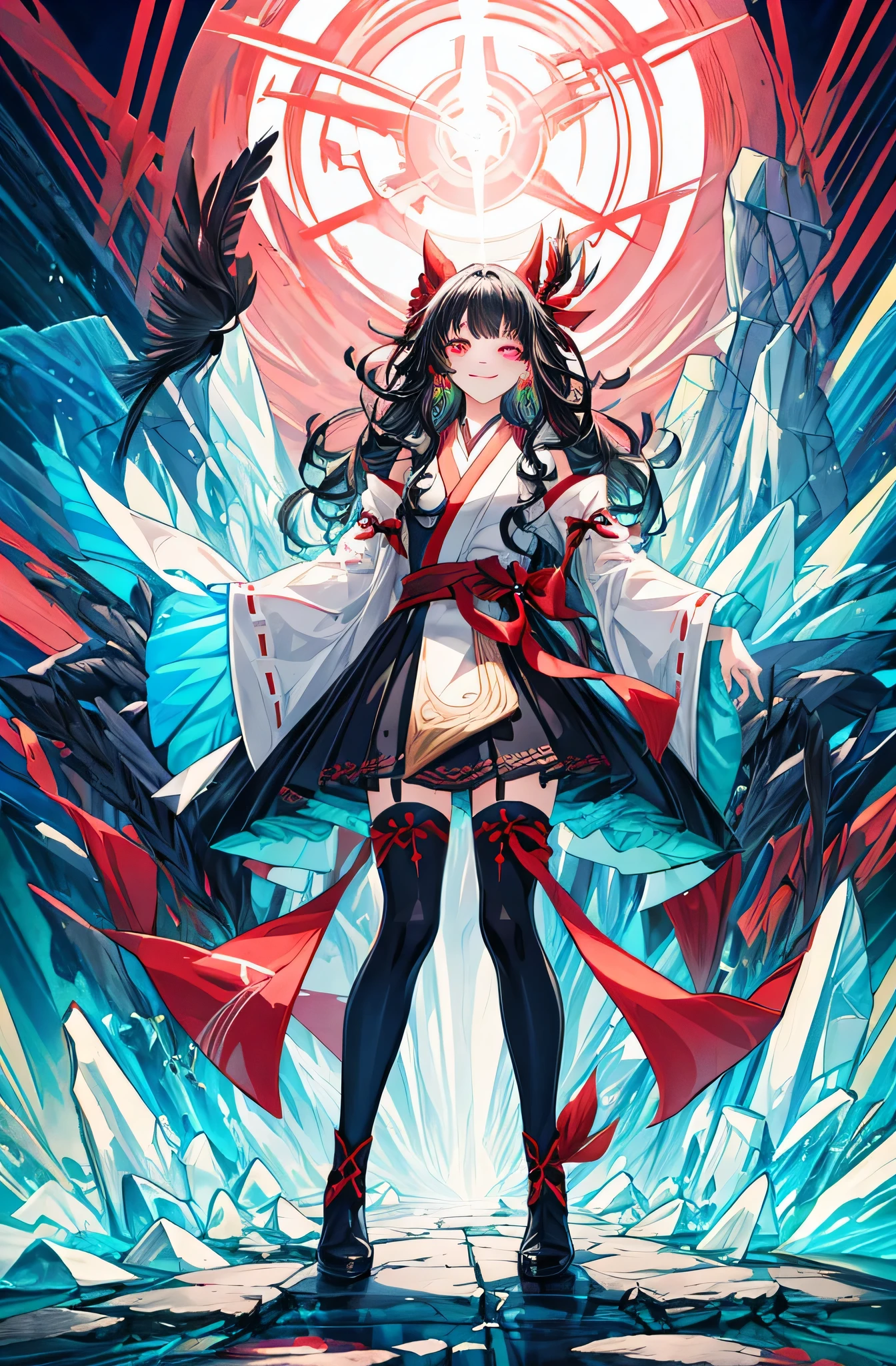 [(detailed background:1.4)::5],original,(figure:1.1),(highest quality),(table top:1.1),(Highly detailed CG Unity 8k wallpaper:1.1), (colorful:0.9),(mid shot:0.95),(very detailed beautiful whole body),dynamic angle,(alone:1.2), (girl),(((adult))), (detailed beautiful eyes:1.15), (beautiful face:1.15), (glowing red eyes:1.25////),(black hair),pale skin，pink eyes，red bow，amaryllis，((evil smile))，crystal earrings in the ears，raven feather skirt,whole body,Wearing shrine maiden stockings,((black long hair)),black long hair,