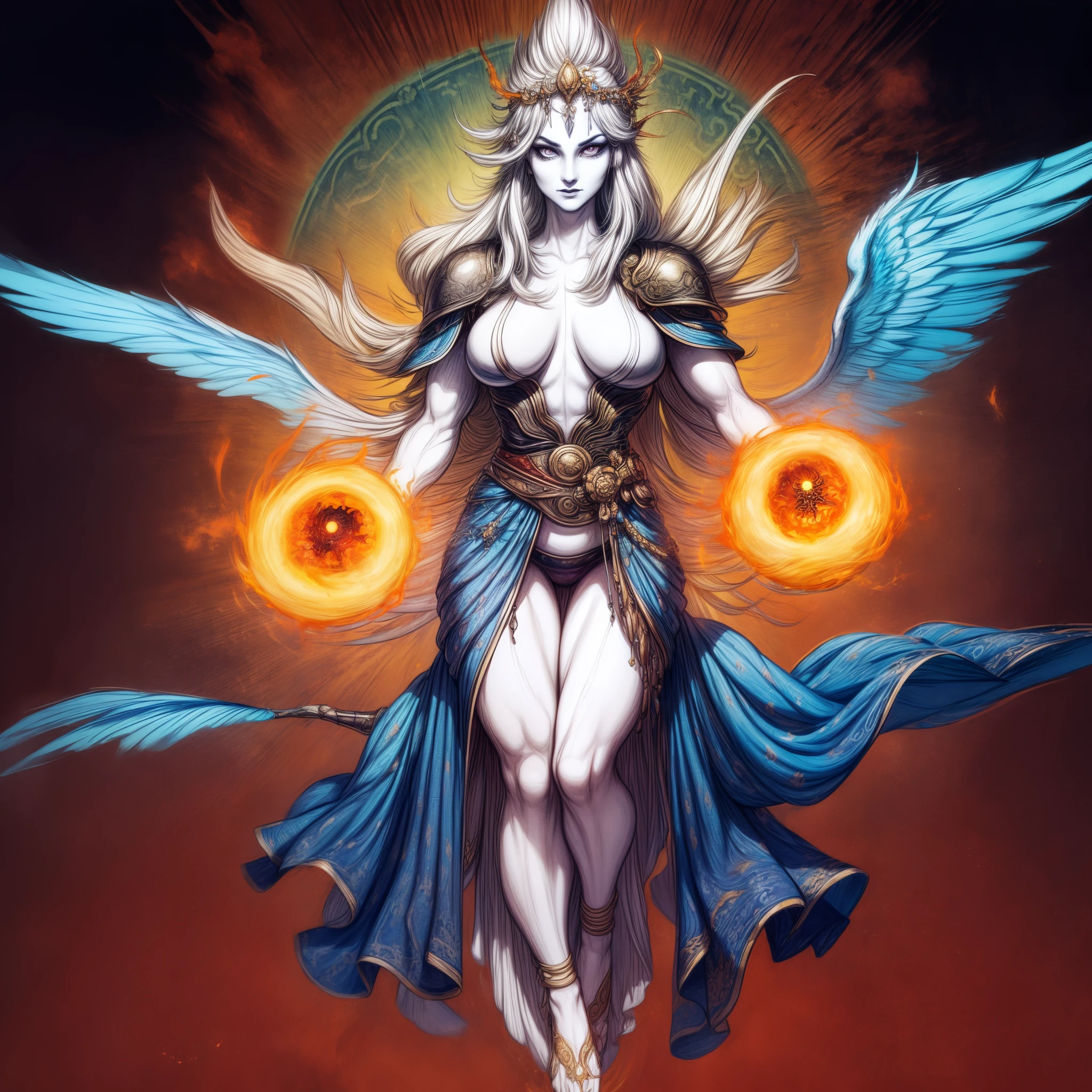 In a mystical realm, a phoenix gracefully spreads its wings, surrounded by swirling flames and glowing ashes. The bird's eyes glow with ancient wisdom as it prepares for its rebirth. The artwork should evoke a sense of enchantment and mystique, with a focus on the phoenix's ethereal presence. (gracefully spreads its wings:1.3), (swirling flames:1.4), (glowing ashes:1.3), (eyes glow with ancient wisdom:1.5), (mystical realm:1.3), (sense of enchantment and mystique:1.4), (focus on phoenix's ethereal presence:1.3), (highly detailed), (sharp focus), (photorealistic).(best quality,4k,8k,highres,masterpiece:1.2),ultra-detailed, HDR, 8k, absurdres, cinestill 800, sharp focus, add_detail:2, (solo, woman)