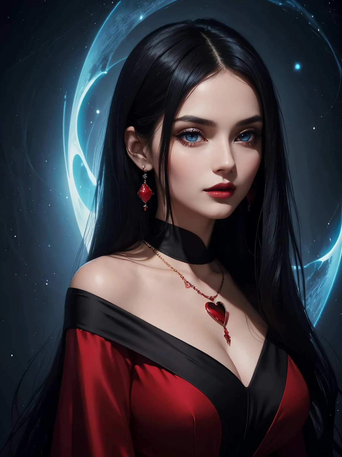 Portrait, beautiful woman with black hair and a silky red dress, wearing a large heart-shaped necklace, hourglass figure, symmetrical figure, highly detailed face, beautiful face, calming blue eyes, lush black lips, alluring, flirting with camera, stunning digital illustration, mysterious quantum environment, cosmic elements and ethereal atmosphere