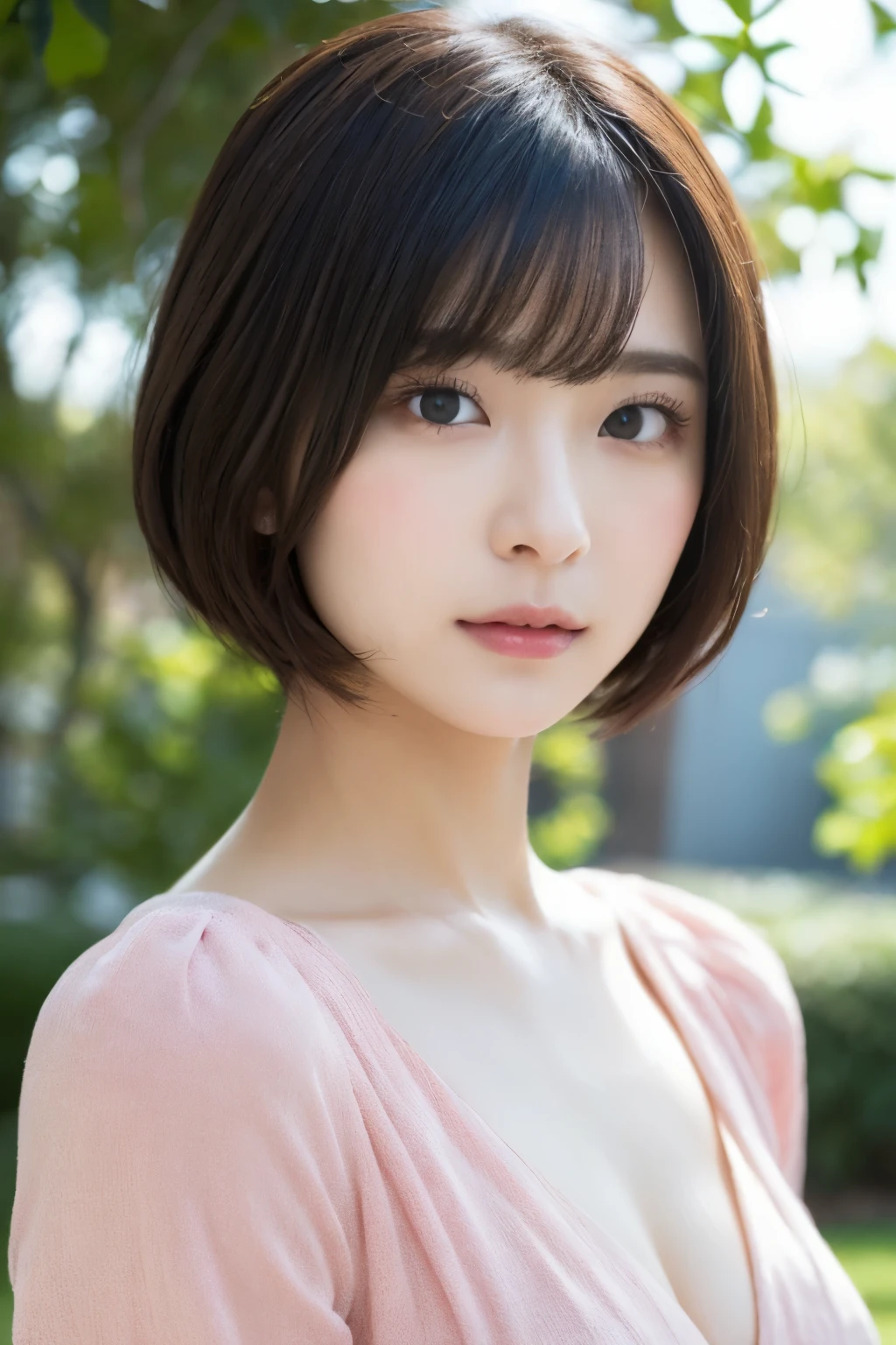 (Transcendent Beautiful Girl:1.2), Neat and clean lady, masterpiece, Highest Quality,
winning artwork, Great skin,
delicated face, kawaii faces, Young Face, Clean and clean appearance, Twinkle Eyes, 二重まぶた,
Small, Beautiful breasts,
((hight resolution)), ((the Extremely Detailed CG Unity 8K Wallpapers)),
Short hair, Bangs, Elegant rounded bob,
Portrait of woman in pink dress, captivating and enticing, a park, poetic atmosphere, Sentimental