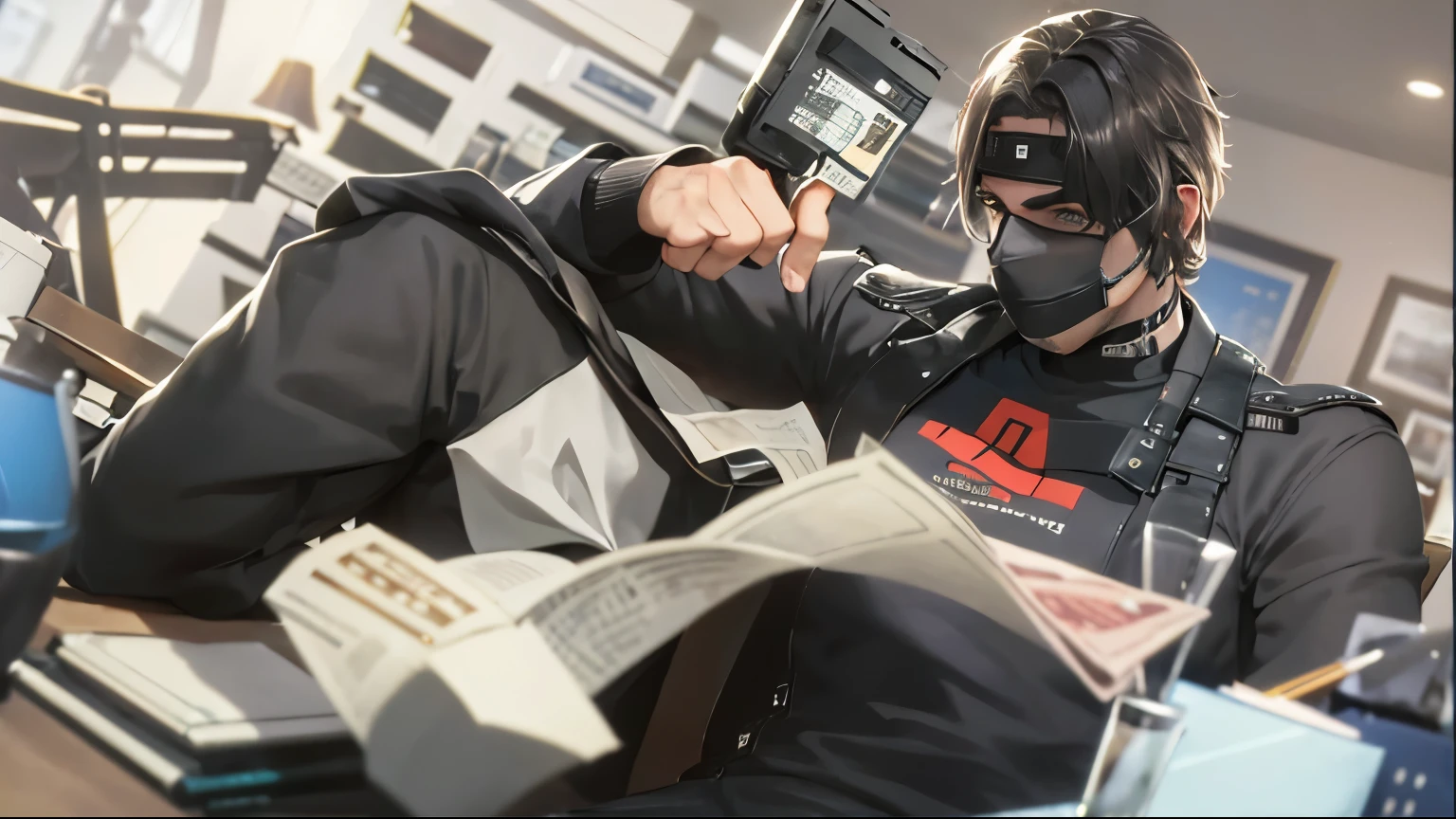 there is a man sitting in a chair with a lot of money, assalto a banco movies, Arte conceitual como Ernest Khalimov, assalto a banco, assalto a banco movie, dia de pagamento 2, os anjos, 🕹️ 😎 🔫 🤖 🚬, morte dos emprestadores de dinheiro, parece realista, Kevin Mitnick as a bank robber, vida de bandido, badass composition, hiperdetalhado!!!