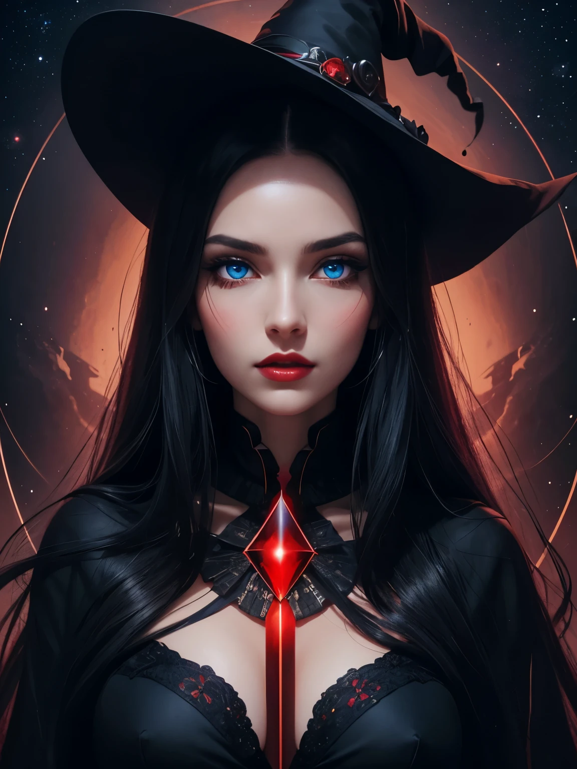 Portrait, beautiful witch with black hair in a red dress, hourglass figure, symmetrical figure, highly detailed face, beautiful face, calming blue eyes, lush lips, alluring, flirting with camera, stunning digital illustration, mysterious quantum environment, cosmic elements and ethereal atmosphere