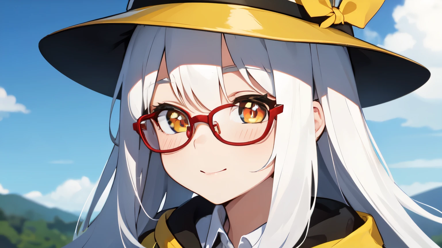 girl，wearing yellow，yellow black hat，university student，wear glasses，High school, etc，cute face，and white hair，red pupils，Beautiful scenery，dream，hapiness，