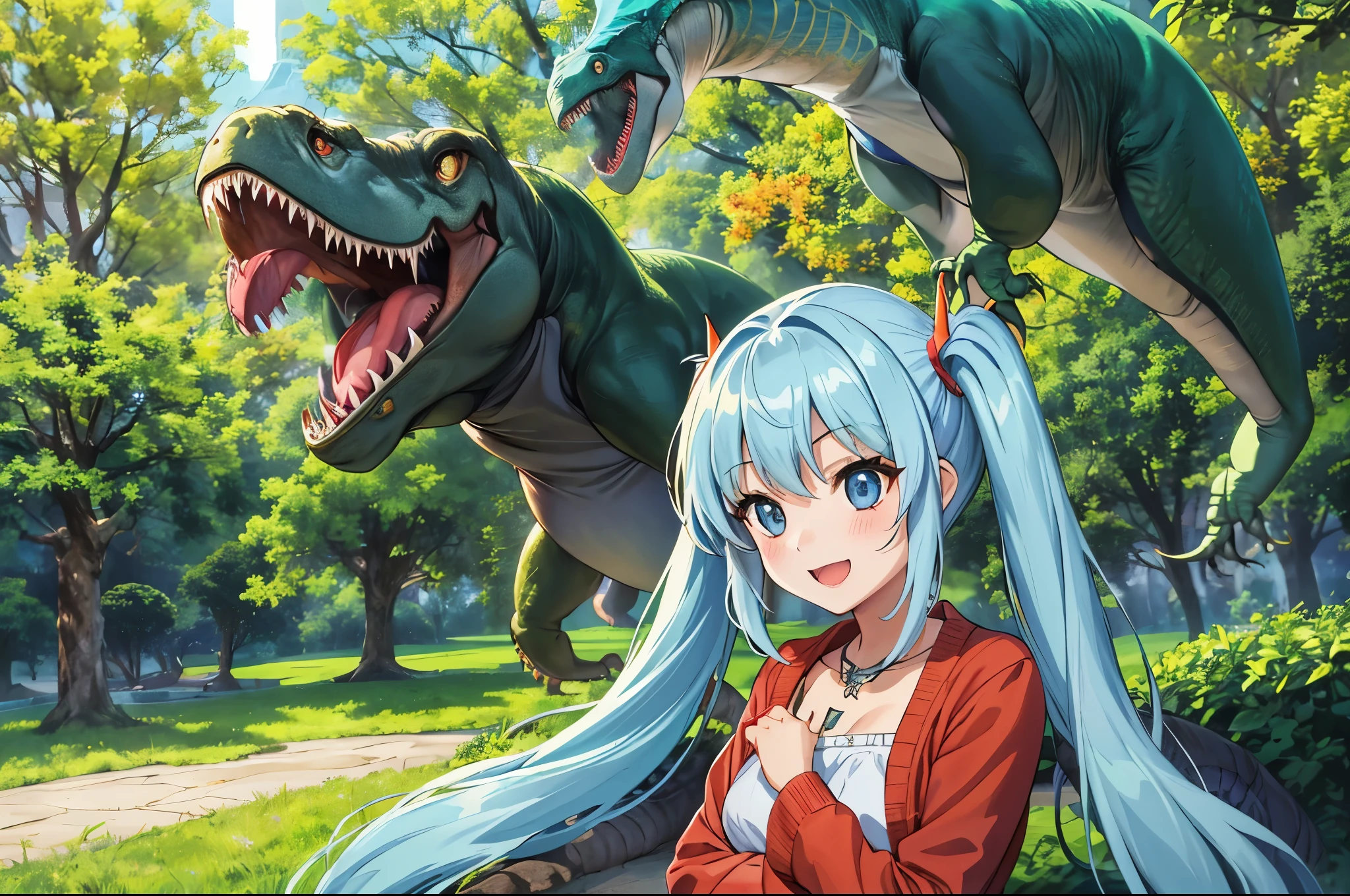 (girl), (t-REX, Tyrannosaurus head:1.3), (Big Museum)、light blue long hair、 Beautiful girl with twin tails、platinum skin, smile,
old earth, Big tree, flying dinosaur
