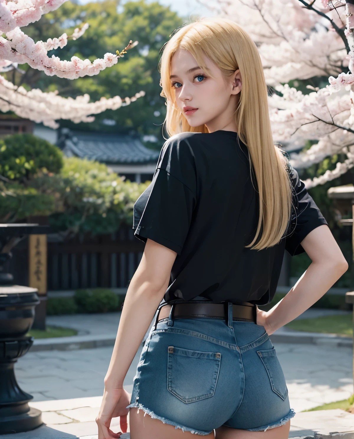 1girl, (Blue Eyes), smiling, (Sana Minatozaki), (black t-shirt :1.2), Big , big ass, round ass :1.2, (Best Quality, 8k, Masterpiece: 1.3), Clear Focus: 1.2, Perfect Body Beauty: 1.4, strong abs, Highly detailed face and skin texture, detailed eyes, double eyelids, (blonde long straight hair :1.3), (denim shorts), leather belt, standing, look back, view from back, in a Japanese square with sakura trees