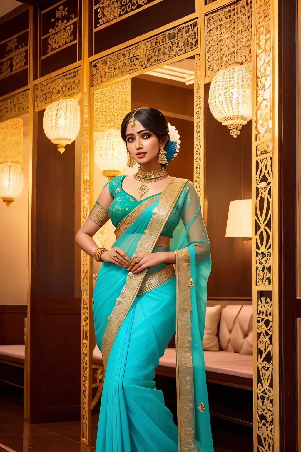 A beautiful Bangladeshi girl stands gracefully beside a false wall partition in a lavishly decorated restaurant. The partition is intricately adorned with lush, vibrant green grass and small hanging plants, creating a serene and refreshing ambiance. Various colorful decorative lights illuminate the space, casting a warm and captivating glow and adding a magical touch to the scene.
The girl is dressed in a stunning sky blue chiffon saree, the fabric flowing gracefully around her figure. The intricate gold zari embroidery along the borders and pallu adds an air of elegance and sophistication. The thick golden border, adorned with geometric patterns, frames