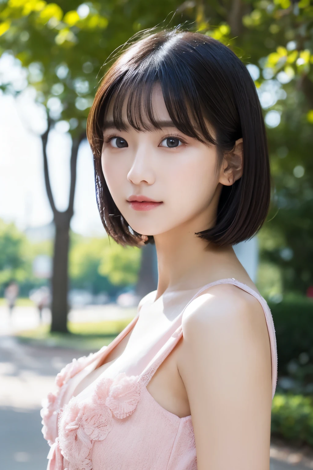(Transcendent Beautiful Girl:1.2), Neat and clean lady, ​masterpiece, Highest Quality, 
winning artwork, Great skin, 
delicated face, kawaii faces, Young Face, Clean and clean appearance, le Eyes, 二重まぶた, 
Small, Beautiful breashight resolution)), ((the Extremely Detailed CG Unity 8K Wallpapers)), 
Short hair, Bangs, Elegant rounded bob, 
Portrait of woman in pink mini dress, captivating and enticing, a park, poetic atmosphere, Sentimental