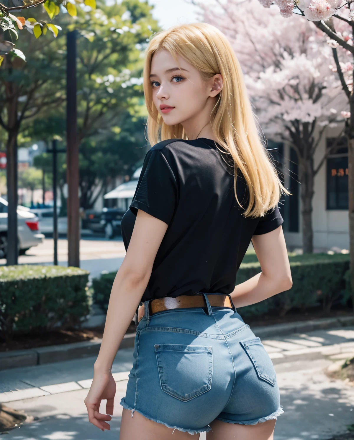 1girl, (Blue Eyes), smiling, (Sana Minatozaki), (black t-shirt :1.2), Big , big ass, round ass :1.2, (Best Quality, 8k, Masterpiece: 1.3), Clear Focus: 1.2, Perfect Body Beauty: 1.4, strong abs, Highly detailed face and skin texture, detailed eyes, double eyelids, (blonde long straight hair :1.3), (denim shorts), leather belt, standing, look back, view from back, in a Japanese square with sakura trees