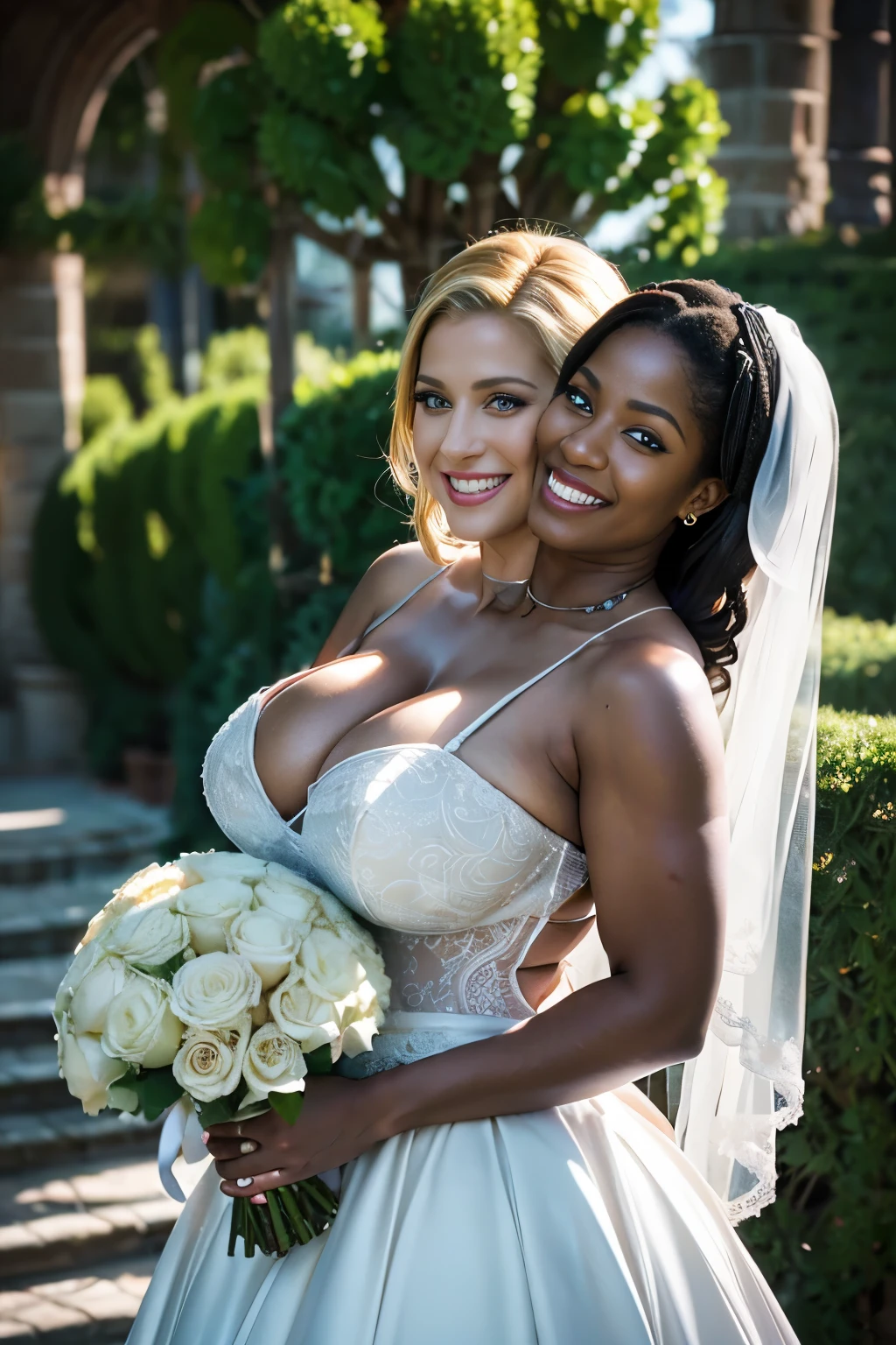 best resolution, (2heads:1.7), (blonde german woman next to black haired black woman smiling:1.5), different hairstyles, instagram model, massive breasts, huge cleavage, cleavage, curvy, very wide shoulders, wide hips, wedding dress, the bride, bridal veil, veil on head, bridal gown, White lace dress, intrigue detailed wedding dress, Bouquet of roses in hand, sun was shining brightly, vibrant with colors, desired face, (masterpiece), best quality, expressive eyes, detailed eyes, perfect face, A clear day, at the altar, Realistic lighting, Backlight, raytrace, (Smooth lighting: 1.05), 32k, photorealistic, best quality, vibrant colors, full body, kodak film, (intricate detail), hdr, smooth, soft features, soft body, Ultra-detailed, vibrant, vivid colors, sharp focus, facing the viewer, looking at viewer, vivid, (depth of field: 1.5), fidelity: 1.3, highly detailed CG unity wallpaper, detailed background, colorful bouquet, flowers in background