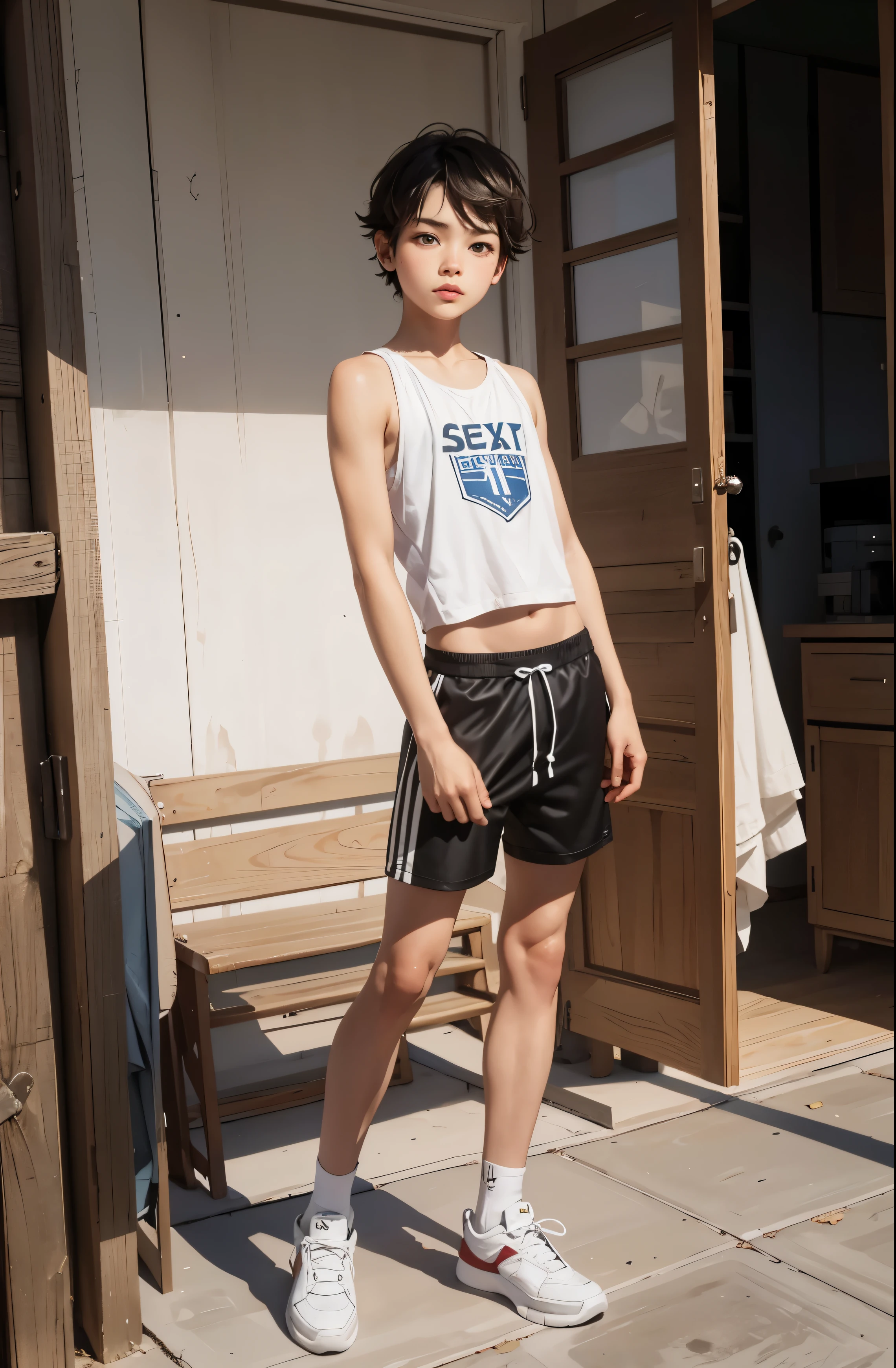 Teen boy 14 years old, boy wears a crop top and too very short shorts,