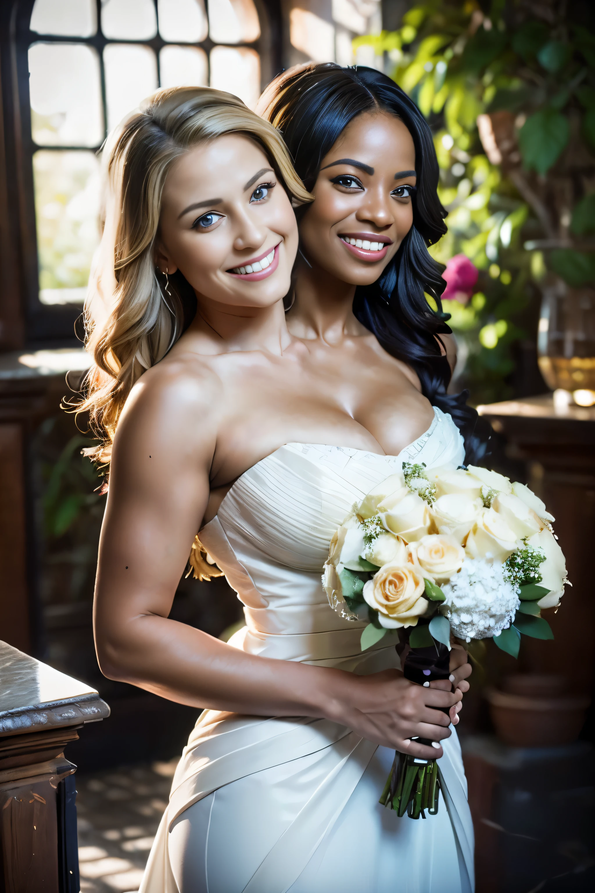 best resolution, (2heads:1.7), (blonde german woman next to black haired black woman smiling:1.5), different hairstyles, instagram model, massive breasts, huge cleavage, cleavage, curvy, very wide shoulders, wide hips, wedding dress, the bride, bridal veil, bridal gown, White lace dress, Bouquet of roses in hand, sun was shining brightly, vibrant with colors, desired face, (masterpiece), best quality, expressive eyes, perfect face, A clear day, at the altar, Realistic lighting, Backlight, raytrace, (Smooth lighting: 1.05), 32k, photorealistic, best quality, vibrant colors, full body, kodak film, (intricate detail), hdr, smooth, soft features, soft body, Ultra-detailed, vibrant, vivid colors, sharp focus, facing the viewer, looking at viewer, vivid, (depth of field: 1.5), fidelity: 1.3, highly detailed CG unity wallpaper, detailed background, colorful bouquet, flowers in background