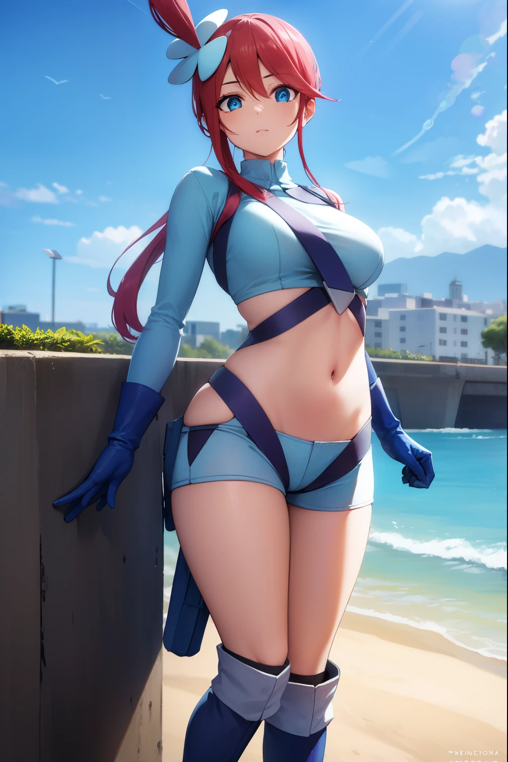 pokemonskyla, pokemonskyla, blue eyes, hair ornament, one side up, red hair, short hair with long locks, sidelocks,
BREAK blue footwear, blue gloves, blue jacket, blue shorts, boots, crop top, cropped jacket, gloves, jacket, midriff, navel, short shorts, shorts, thigh pouch,
BREAK looking at viewer, upper body, full body,
BREAK outdoors, city, sky, sun,
BREAK (masterpiece:1.2), best quality, high resolution, unity 8k wallpaper, (illustration:0.8), (beautiful detailed eyes:1.6), extremely detailed face, perfect lighting, extremely detailed CG, (perfect hands, perfect anatomy),