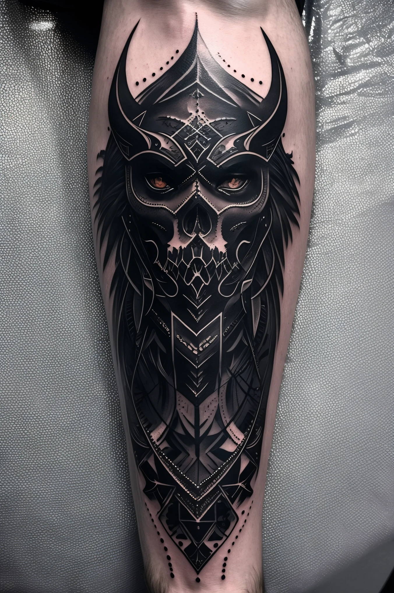 (best quality,ultra-detailed,realistic),(black tattoo,gothic,aggressive,abstract),symmetric figure,dark,monochrome colors,shadows,sharp lines,creative and edgy design,high contrast,unique and mysterious,striking composition,emphasis on details,contrast between light and darkness,visual impact,striking and intense imagery