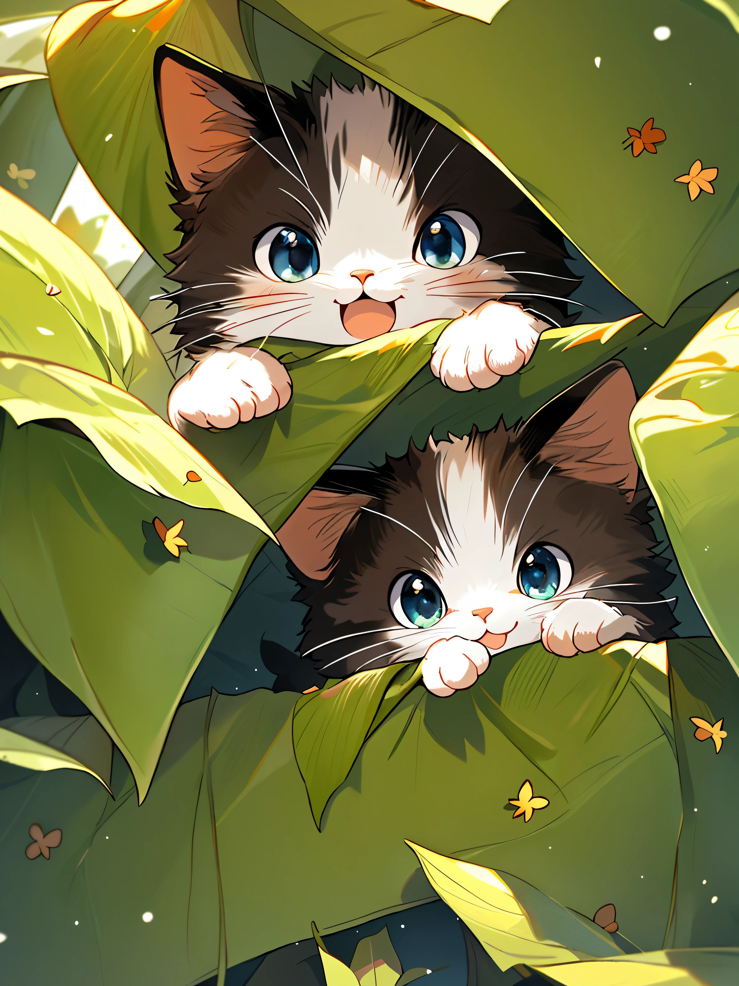 ,(Masterpiece:1.2, High quality), No Man, cat, :3, Simple background, Animal focus, Animal, brown background, view the viewer, Open mouth, leafs,forest background