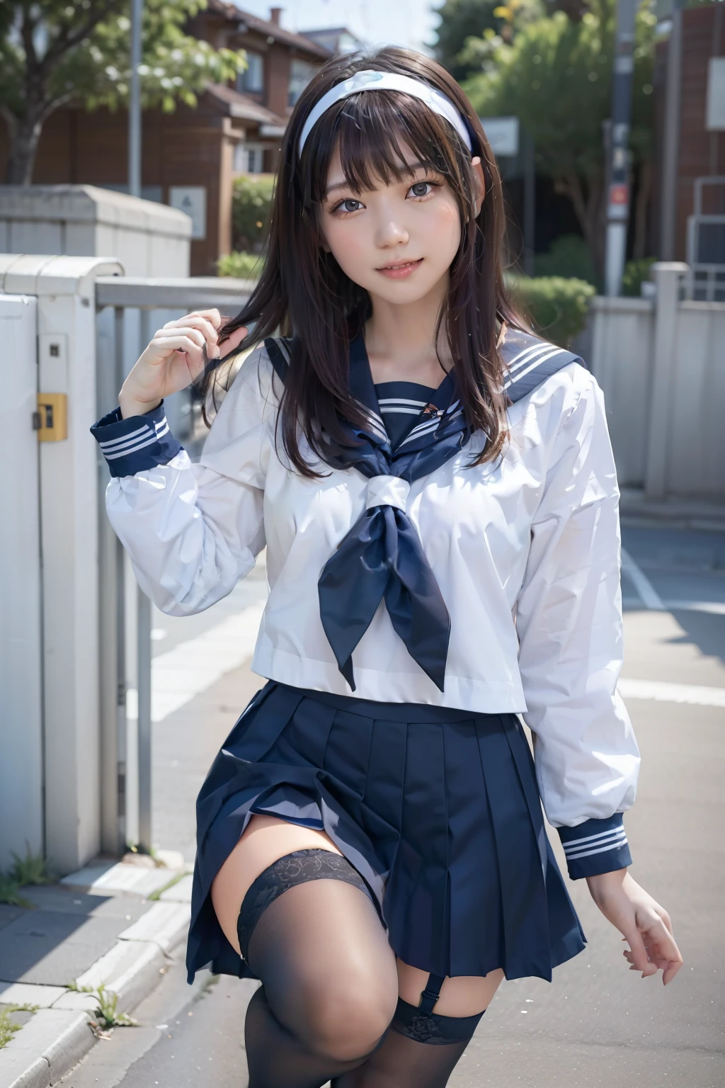 sailor suit, one woman, (a beauty woman, delicate :1.3), black hair, semi straight hair, Bangs Patsun, 8K, highest quality, masterpiece, Super detailed, ultra high resolution, realistic, RAW photo, absolute resolution, small face compared to body (4:1), very small face (4:1), The face is balanced, black hair, (Solid dark blue long-sleeved sailor suit), realistic女子高生, (((white headband))), small breasts, tall, slanted eyes, light blue eyes, (In front of the school gate), (black stockings), , black garter belt, open your mouth, smile, School bag on shoulder, (((Jump small))), Girl Pose,