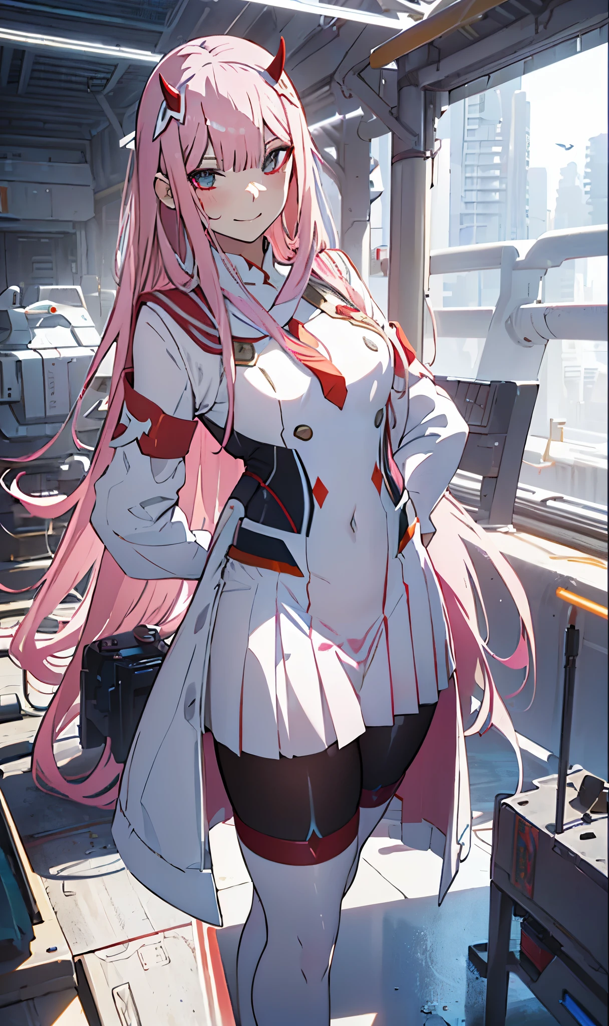 beautiful illustration、top-quality、Cute s、bedroom、pink-haired、lenght hair, red color eyes、(((pink pleated skirt))、(((white sailor suit)))、shortsleeves、a navel、bare-legged、on the beds、lovely thighs、glowing thigh, 1girl, bangs, biting, blush, covered navel, eyeshadow, hair behind head, hand on hip, smile, long hair, looking at viewer, makeup, pilot suit, red eyeshadow, science fiction, skin tight, solo, ((masterpiece)),camel toe, (breast:0.6), 8k, (thick thighs:1.3), beautiful, trap, futa, zero two, small horns