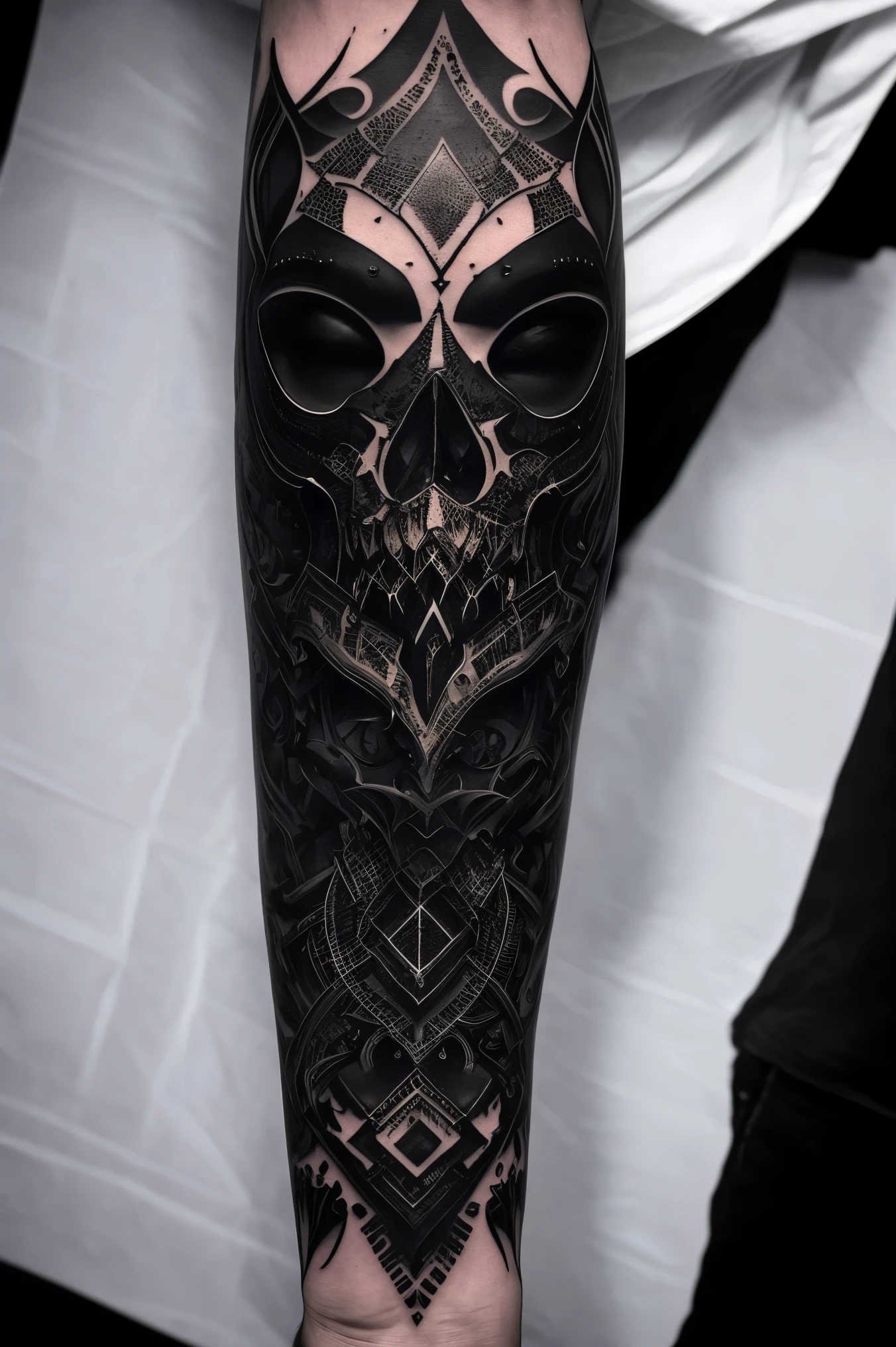 (best quality,ultra-detailed,realistic),(black tattoo,gothic,aggressive,abstract),symmetric figure,dark,monochrome colors,shadows,sharp lines,creative and edgy design,high contrast,unique and mysterious,striking composition,emphasis on details,contrast between light and darkness,visual impact,striking and intense imagery