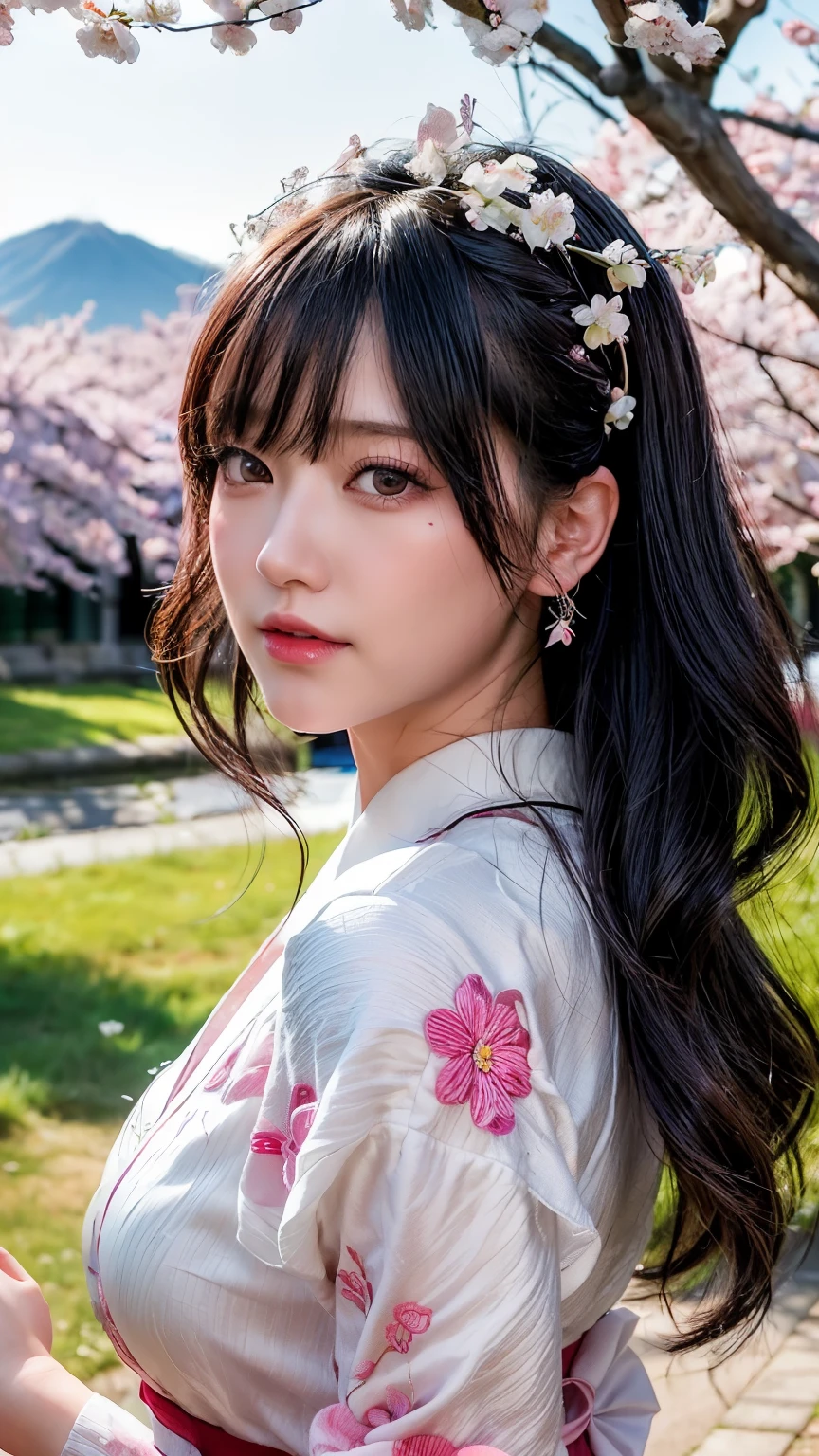 (logo、masterpiece、8k、table top、RAW photo、wonderful、最high quality、Photorealistic and hvery detailed CG integrated 8k wallpaper、high quality、very detailed、narrative poem、particle effects、dynamic effects、Depth of the bounds written、cinematic light、Lens flare、ray tracing)、fantasy、 (1 beautiful woman、white kimono、Japan Dresses、white cherry blossom pattern、White cherry blossom embroidery pattern、black haired、beautiful face、real face、beautiful details eyes beautiful skin)、Hair flutters in Wind、hair bounces、pink cherry tree、petals dance、SakuraFubuki、Spectacular view、sunrise、sun on background、Wind、god々、tooth、god話、vast land、