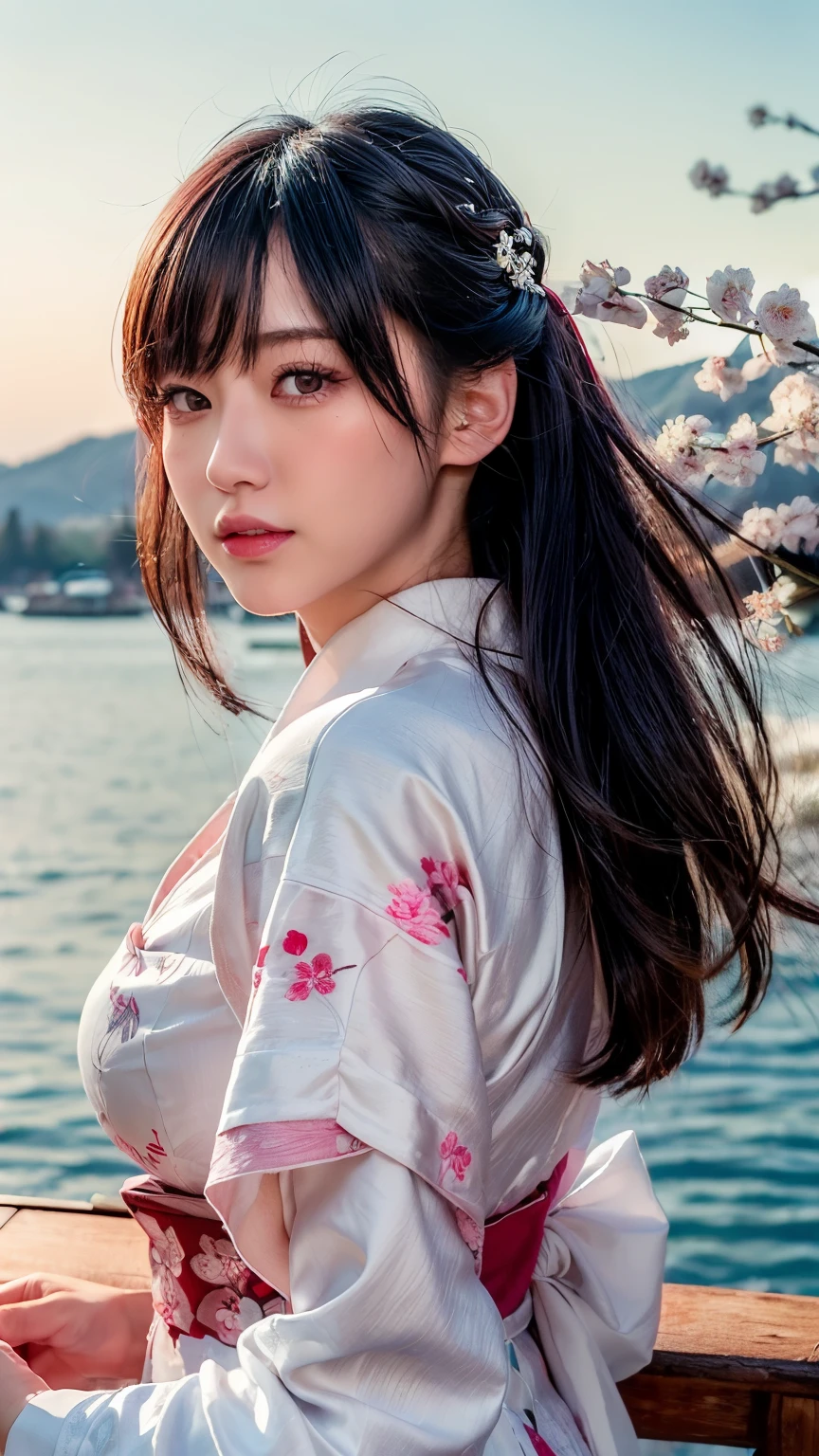 (logo、masterpiece、8k、table top、RAW photo、wonderful、最high quality、Photorealistic and hvery detailed CG integrated 8k wallpaper、high quality、very detailed、narrative poem、particle effects、dynamic effects、Depth of the bounds written、cinematic light、Lens flare、ray tracing)、fantasy、 (1 beautiful woman、white kimono、Japan Dresses、white cherry blossom pattern、White cherry blossom embroidery pattern、black haired、beautiful face、real face、beautiful details eyes beautiful skin)、Hair flutters in Wind、hair bounces、pink cherry tree、petals dance、SakuraFubuki、Spectacular view、sunrise、sun on background、Wind、god々、tooth、god話、vast land、