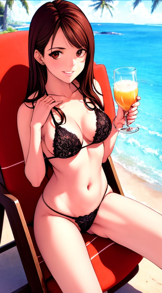 masterpiece, best quality, a sexy woman in a sunglasses and sexy small bikini on a beach chair holding tropical juice in glass, 1girl, full body, sunglasses, swimsuit, breasts, bikini, cleavage, solo, shiny, shiny hair, multi-strapped bikini, closed mouth, under , smile, thong bikini bottom, collarbone, navel, looking over eyewear, red eyes, jewelry, sparkle, looking at viewer, parted lips,