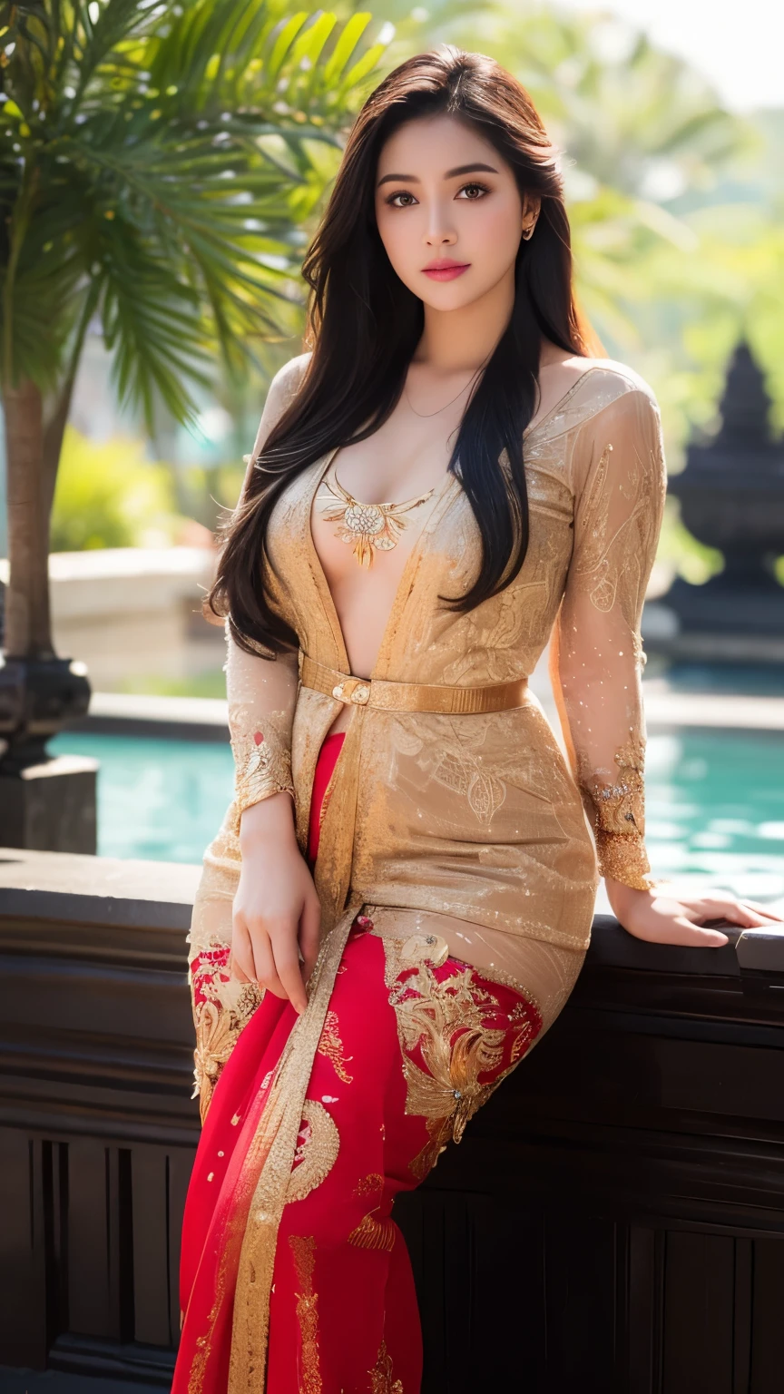 masterpiece, ultra realistic,32k,intricate details, sharp focus, realistic, closed, seductive pose, black eyes, jewelr, lips, realistic, looking_at_viewer, irene1, wet skin, shiny skin, long sleeves, indonesian clothes, bali, balinese, cityscape, dynamic pose, red kebaya,full body,busty body,curvy body,long hair,beauty face,cowboy shot