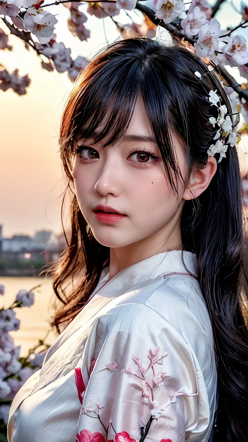 (logo、masterpiece、8k、table top、RAW photo、wonderful、最high quality、Photorealistic and hvery detailed CG integrated 8k wallpaper、high quality、very detailed、narrative poem、particle effects、dynamic effects、Depth of the bounds written、cinematic light、Lens flare、ray tracing)、fantasy、 (1 beautiful woman、white kimono、Japan Dresses、white cherry blossom pattern、White cherry blossom embroidery pattern、black haired、beautiful face、real face、beautiful details eyes beautiful skin)、Hair flutters in Wind、hair bounces、pink cherry tree、petals dance、SakuraFubuki、Spectacular view、sunrise、sun on background、Wind、god々、tooth、god話、vast land