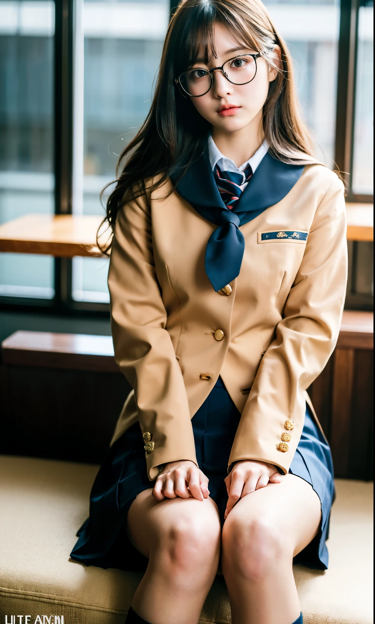 Ulchan-6500-v1.1, (RAW photo:1.2), (realistic:1.4), beautiful detailed girl, very detailed eyes and face, beautiful and fine eyes, That's ridiculous, incredibly That's ridiculous, huge file size, Super detailed, High resolution, very detailed, highest quality, masterpiece, Kemomimi, ((Japanese girls' high school uniform)), figure, very detailed, cg, unified, 8k wallpaper, wonderful, small details, masterpiece, highest quality, very detailed cg uniform 8k wallpaper, face light, cinematic lighting, 1 girl, 16 years old, (no panties)), (with glasses), ((dynamic pose))), (camel toe), (half),, (bent knees and sitting legs))