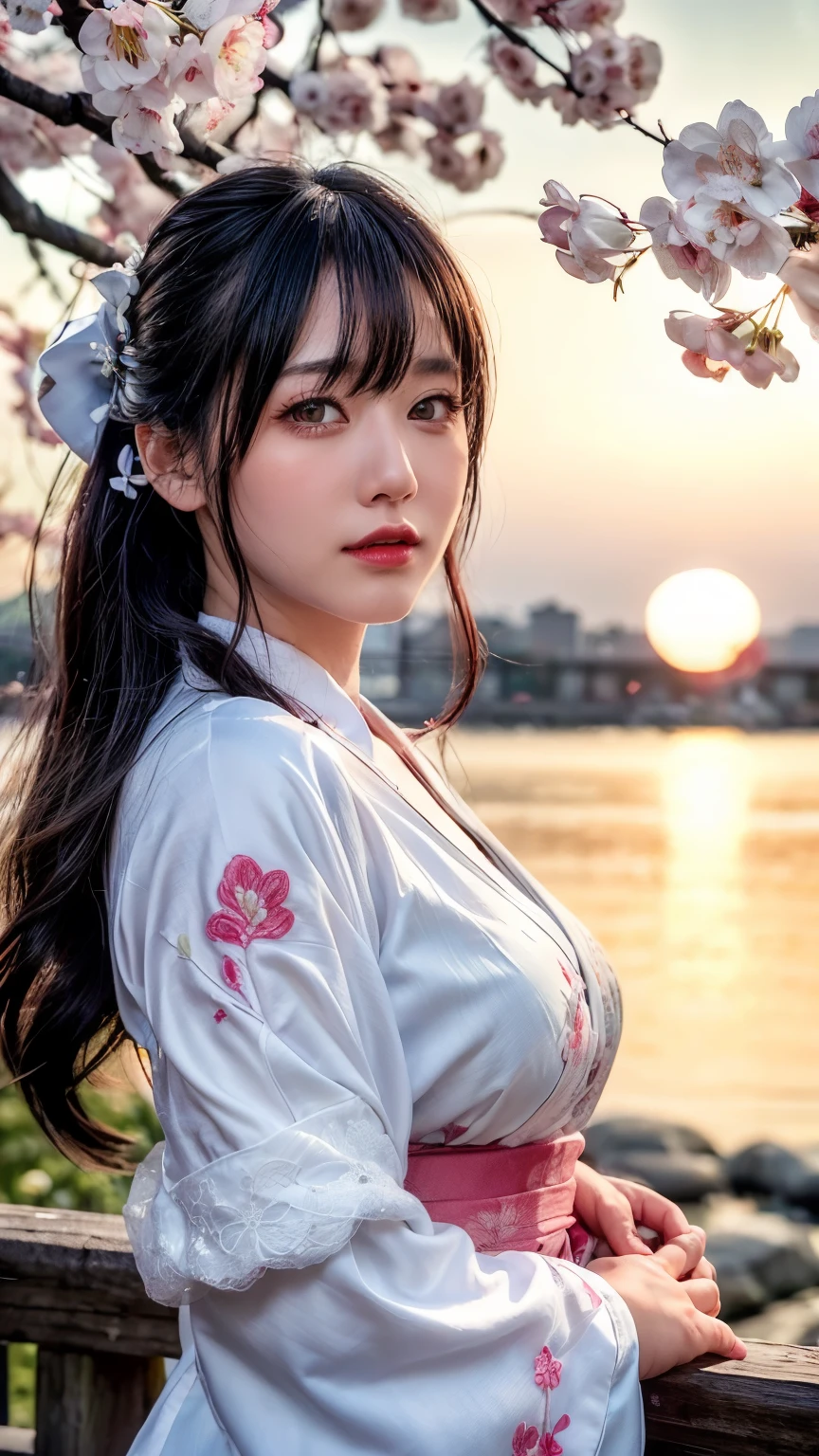 (logo、masterpiece、8k、table top、RAW photo、wonderful、最high quality、Photorealistic and hvery detailed CG integrated 8k wallpaper、high quality、very detailed、narrative poem、particle effects、dynamic effects、Depth of the bounds written、cinematic light、Lens flare、ray tracing)、fantasy、 (1 beautiful woman、white kimono、Japan Dresses、white cherry blossom pattern、White cherry blossom embroidery pattern、black haired、beautiful face、real face、beautiful details eyes beautiful skin)、Hair flutters in Wind、hair bounces、pink cherry tree、petals dance、SakuraFubuki、Spectacular view、sunrise、sun on background、Wind、god々、tooth、god話、vast land