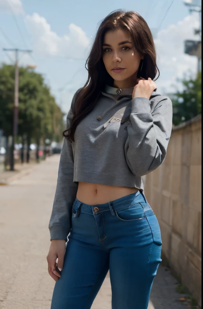 (Best quality, A high resolution, ultra detailed), German brunette emo with curly dark hair, black cropped hoodie,Blue skinny jeans, sexy pose, Collar