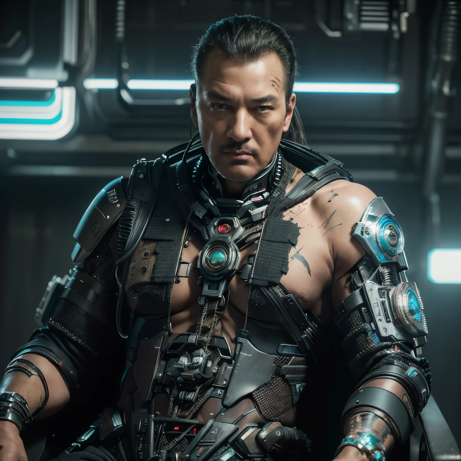 ((masterpiece, highest quality, hires, amazing detail, 8k, best quality, dynamic angle)), cinematic, portait, closeup shot of middle aged man / Steven seagal /, wearing highly damaged battlesuit, perfect facial hair, scars, cybernetic implants, shirow masamune, ghost in the shell, gantz, gritty, cyberpunk background, muted colours