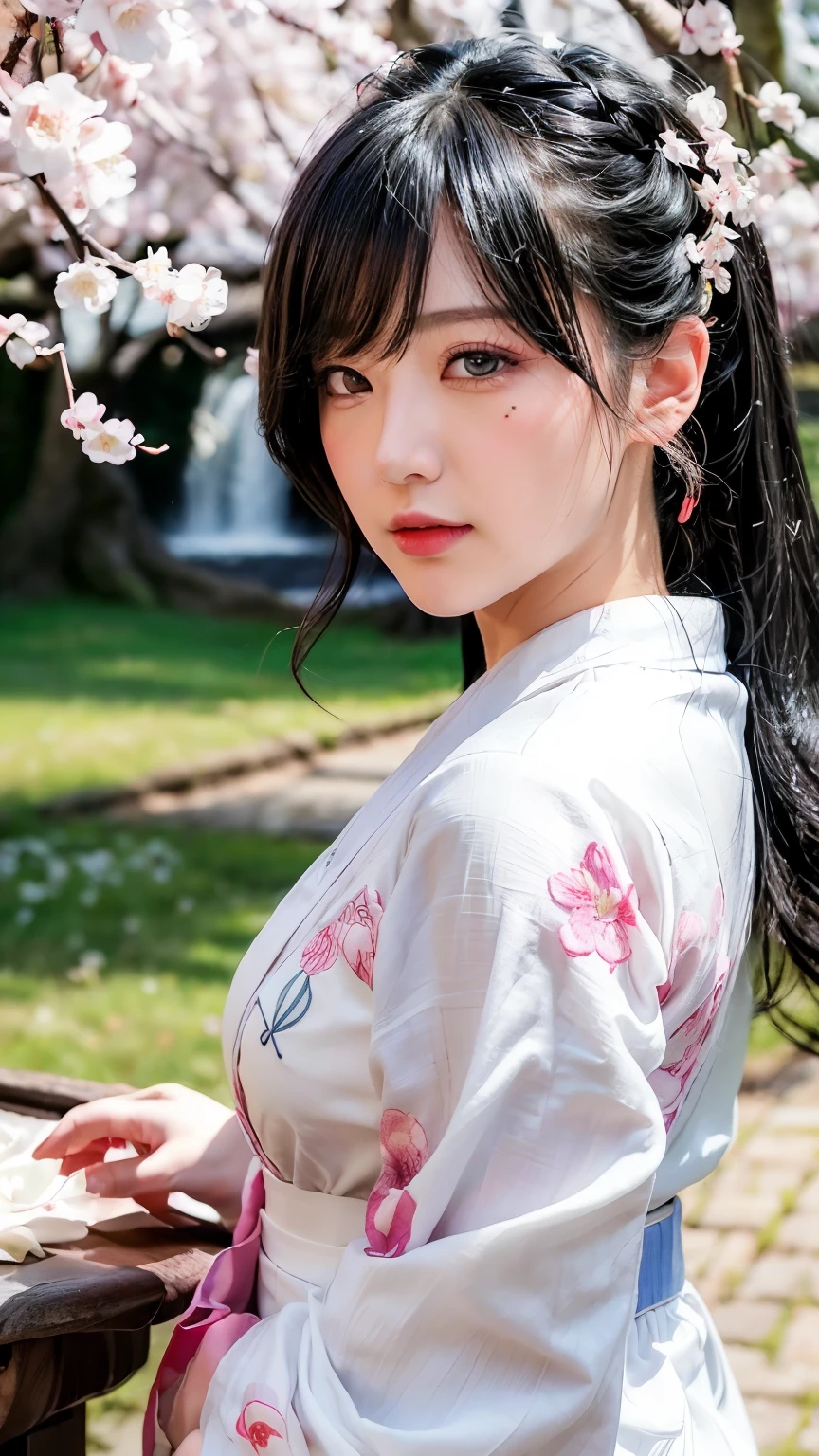 (logo、masterpiece、8k、table top、RAW photo、wonderful、最high quality、Photorealistic and hvery detailed CG integrated 8k wallpaper、high quality、very detailed、narrative poem、particle effects、dynamic effects、Depth of the bounds written、cinematic light、Lens flare、ray tracing)、fantasy、 (1 beautiful woman、white kimono、Japan Dresses、white cherry blossom pattern、White cherry blossom embroidery pattern、black haired、beautiful face、real face、beautiful details eyes beautiful skin)、Hair flutters in Wind、hair bounces、pink cherry tree、petals dance、SakuraFubuki、Spectacular view、sunrise、sun on background、Wind、god々、tooth、god話、vast land