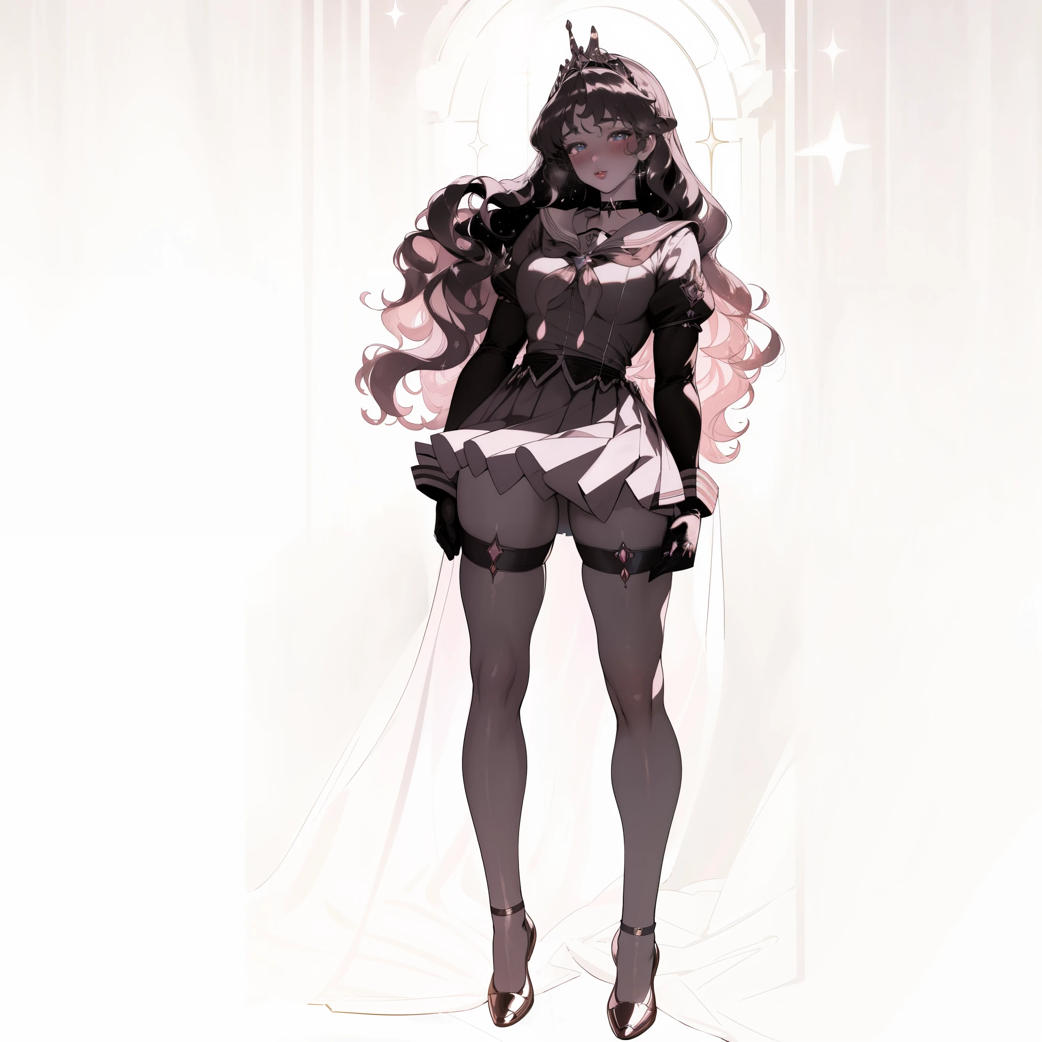 best quality,ultra-detailed,physically-based rendering,fantasy portrait,beautiful detailed eyes,beautiful detailed lips,long wavy hair,twinkling tiara,flowing ribbon,sparkling brooch and collar,shiny sailor choker,bow on chest and back,pleated skirt and gloves,cute uniform color palette,pastel colors,soft lighting,moonlit background