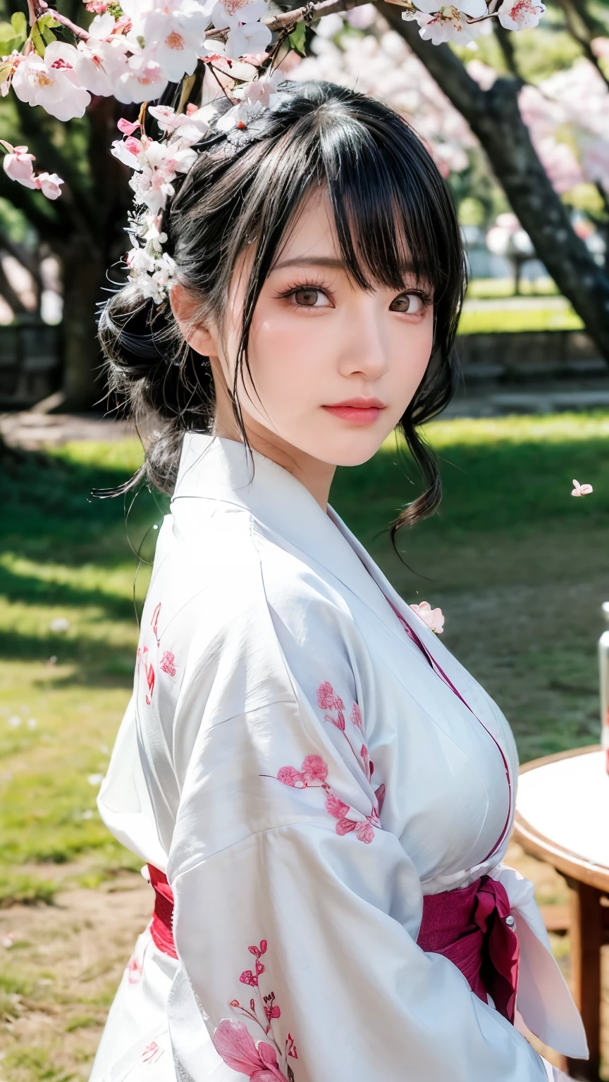 Tabletop, highest quality, figure, Very detailed, In detail, High resolution, 8k wallpaper, Perfect dynamic composition, Beautiful fine details, kimono,Medium Hair, Center of chest, Natural color lip, Random sexy poses,smile,Morning Shrine,Flower Hair Ornaments,whole body,