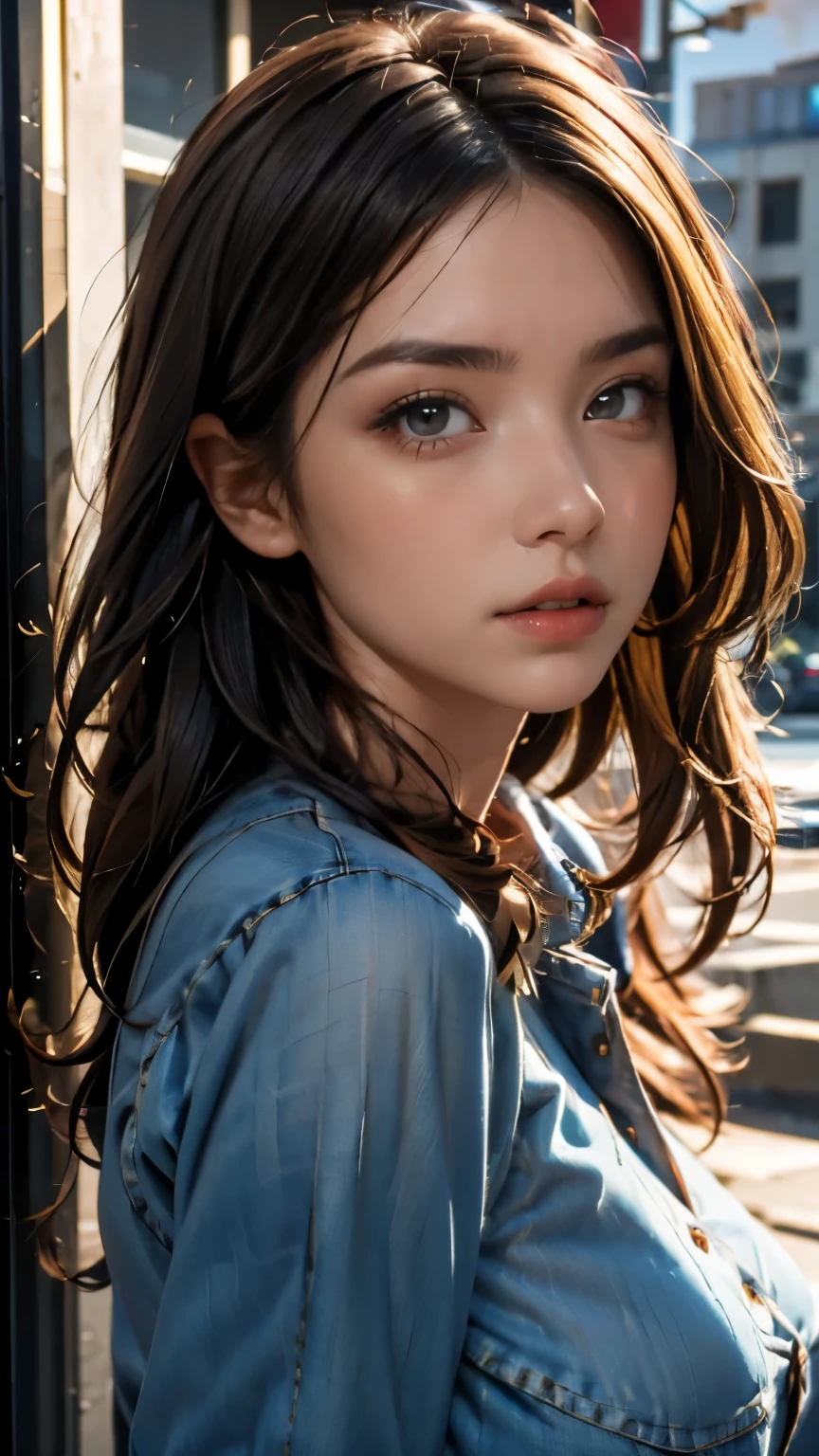 (((HD photo))), ultra high res.photorealistic:. 1.4, UHD, masterpiece, trending on artstation, portrait, upper body shot, 1girl, fashion photography, pretty, cute face, ((detailed face, detailed eyes)) most beautiful in the world, soft, delicate, (long red hair), large sagging breasts, slim waist, (wearing ski jacket, jeans, hires textures, intricate details), sunkissed, San Francisco city
