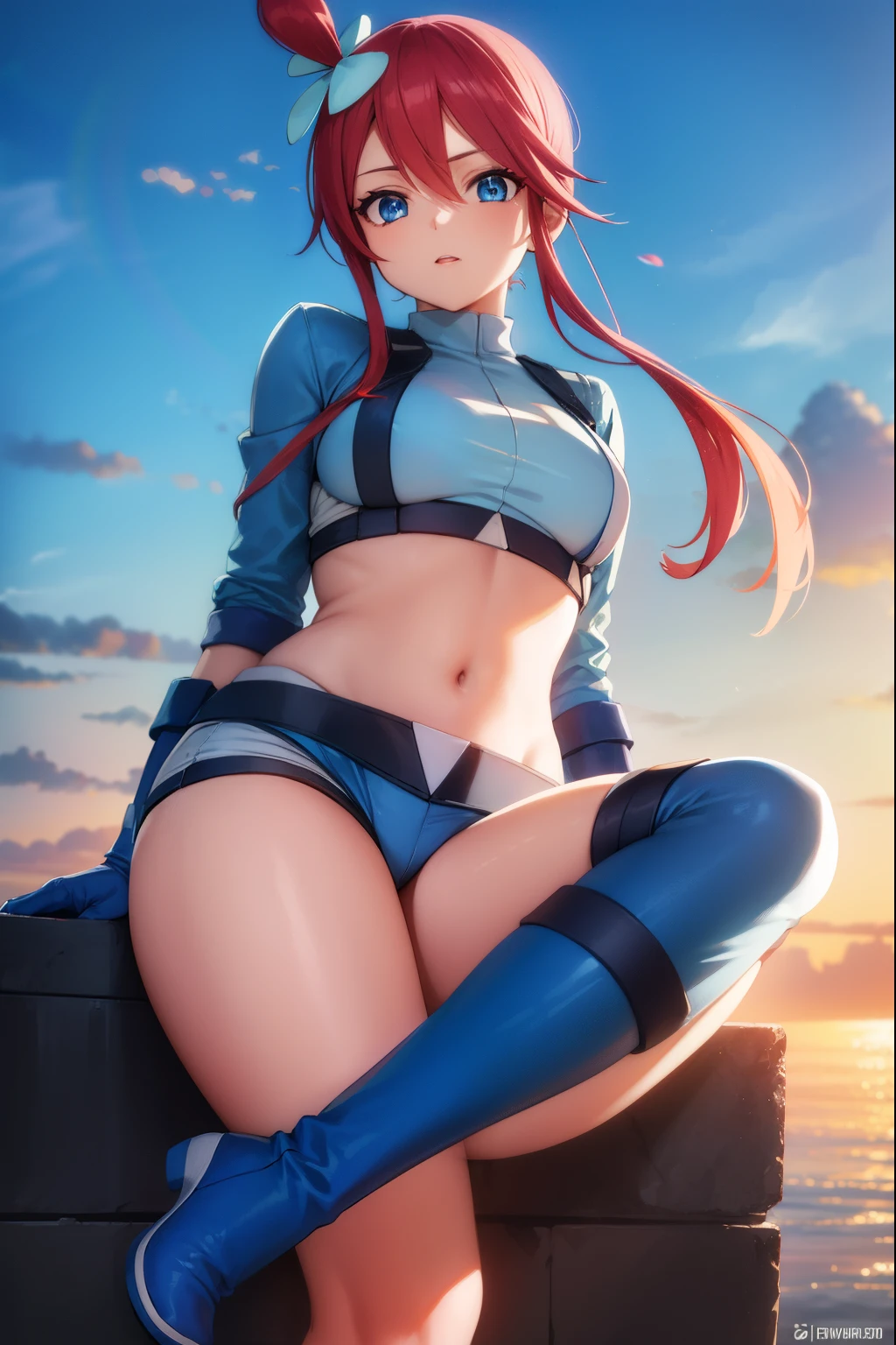 pokemonskyla, pokemonskyla, blue eyes, hair ornament, one side up, red hair, short hair with long locks, sidelocks,
BREAK blue footwear, blue gloves, blue jacket, blue shorts, boots, crop top, cropped jacket, gloves, jacket, midriff, navel, short shorts, shorts, thigh pouch,
BREAK looking at viewer, upper body, full body,
BREAK outdoors, city, sky, sun,
BREAK (masterpiece:1.2), best quality, high resolution, unity 8k wallpaper, (illustration:0.8), (beautiful detailed eyes:1.6), extremely detailed face, perfect lighting, extremely detailed CG, (perfect hands, perfect anatomy),