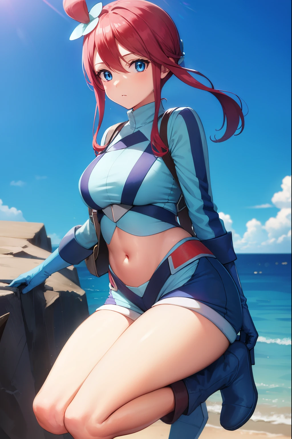 pokemonskyla, pokemonskyla, blue eyes, hair ornament, one side up, red hair, short hair with long locks, sidelocks,
BREAK blue footwear, blue gloves, blue jacket, blue shorts, boots, crop top, cropped jacket, gloves, jacket, midriff, navel, short shorts, shorts, thigh pouch,
BREAK looking at viewer, upper body, full body,
BREAK outdoors, city, sky, sun,
BREAK (masterpiece:1.2), best quality, high resolution, unity 8k wallpaper, (illustration:0.8), (beautiful detailed eyes:1.6), extremely detailed face, perfect lighting, extremely detailed CG, (perfect hands, perfect anatomy),