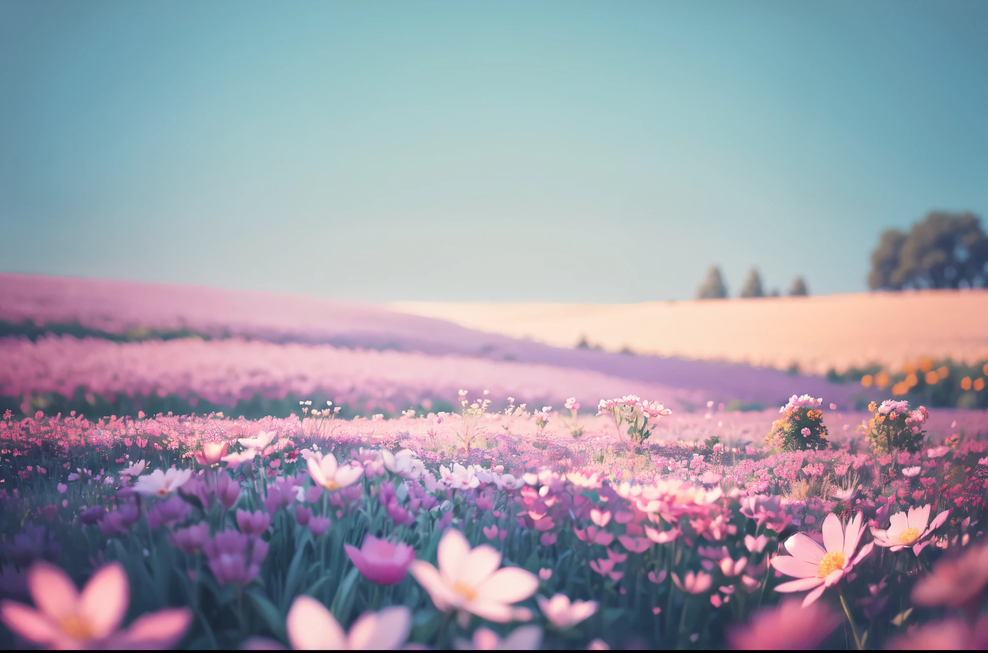 flowers in a field with a blue sky in the background, dreamy floral background, blur dreamy outdoor, blue and pink colors, soft flowers, dreamy colors, dreamy blurred lens, field of fantasy flowers, lost in a dreamy fairy landscape, field of flowers background, soft blue light, pink and blue colors, soft blue and pink tints, beatiful backgrounds