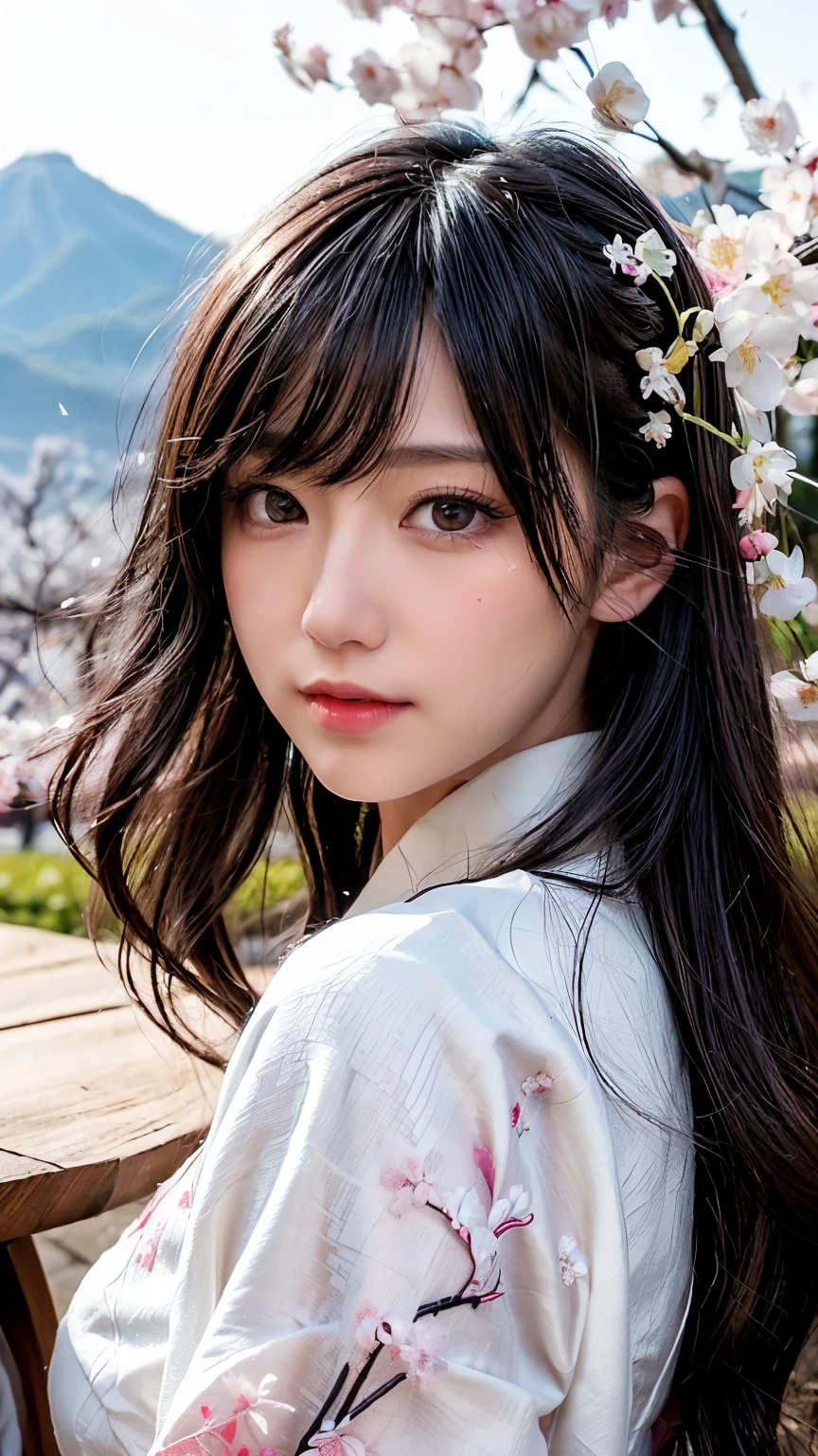 (logo、masterpiece、8k、table top、RAW photo、wonderful、最high quality、Photorealistic and hvery detailed CG integrated 8k wallpaper、high quality、very detailed、narrative poem、particle effects、dynamic effects、Depth of the bounds written、cinematic light、Lens flare、ray tracing)、fantasy、 (1 beautiful woman、white kimono、Japan Dresses、white cherry blossom pattern、White cherry blossom embroidery pattern、black haired、beautiful face、real face、beautiful details eyes beautiful skin)、Hair flutters in Wind、hair bounces、pink cherry tree、petals dance、SakuraFubuki、Spectacular view、sunrise、sun on background、Wind、god々、tooth、god話、vast land