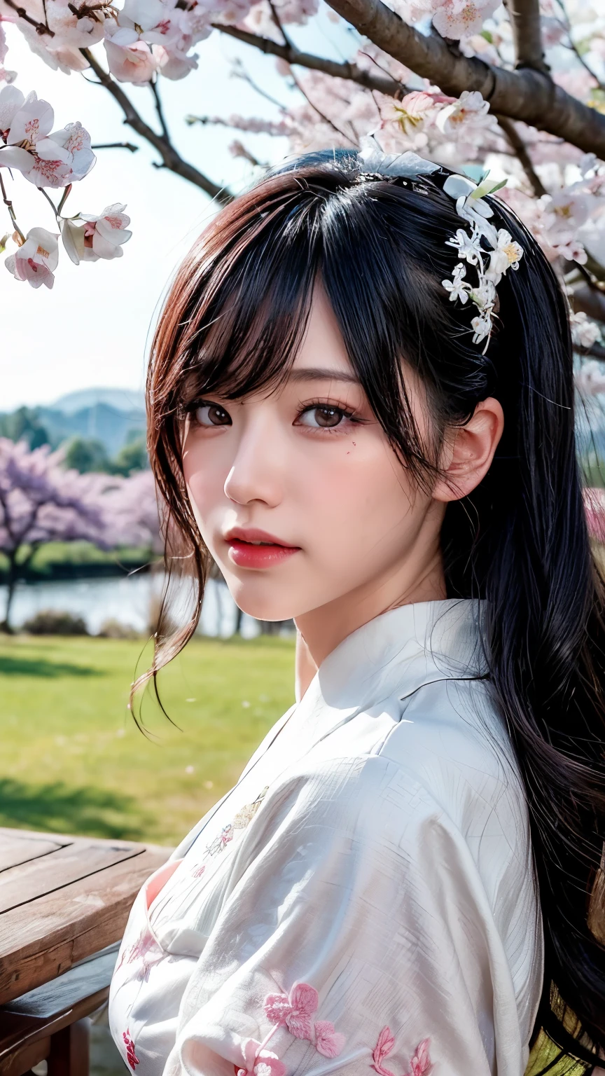 (logo、masterpiece、8k、table top、RAW photo、wonderful、最high quality、Photorealistic and hvery detailed CG integrated 8k wallpaper、high quality、very detailed、narrative poem、particle effects、dynamic effects、Depth of the bounds written、cinematic light、Lens flare、ray tracing)、fantasy、 (1 beautiful woman、white kimono、Japan Dresses、white cherry blossom pattern、White cherry blossom embroidery pattern、black haired、beautiful face、real face、beautiful details eyes beautiful skin)、Hair flutters in Wind、hair bounces、pink cherry tree、petals dance、SakuraFubuki、Spectacular view、sunrise、sun on background、Wind、god々、tooth、god話、vast land