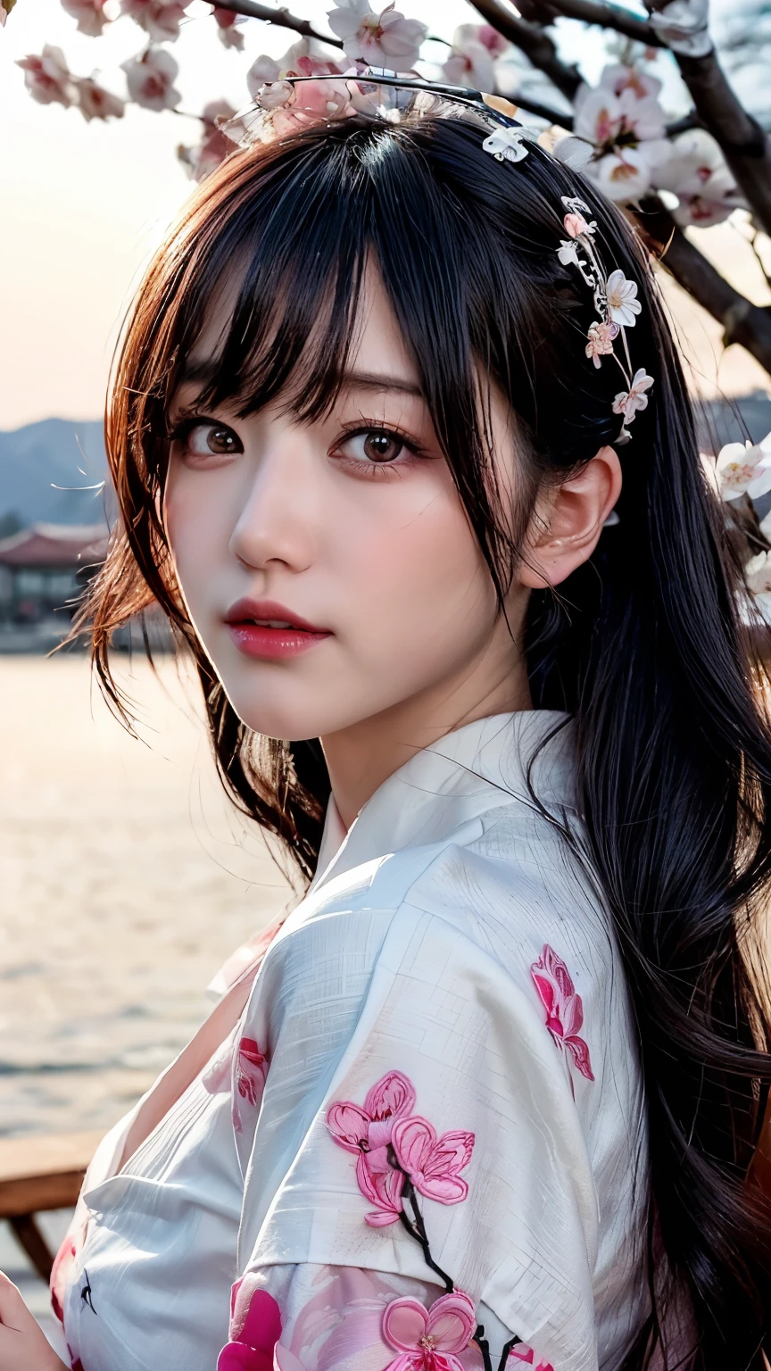(logo、masterpiece、8k、table top、RAW photo、wonderful、最high quality、Photorealistic and hvery detailed CG integrated 8k wallpaper、high quality、very detailed、narrative poem、particle effects、dynamic effects、Depth of the bounds written、cinematic light、Lens flare、ray tracing)、fantasy、 (1 beautiful woman、white kimono、Japan Dresses、white cherry blossom pattern、White cherry blossom embroidery pattern、black haired、beautiful face、real face、beautiful details eyes beautiful skin)、Hair flutters in Wind、hair bounces、pink cherry tree、petals dance、SakuraFubuki、Spectacular view、sunrise、sun on background、Wind、god々、tooth、god話、vast land