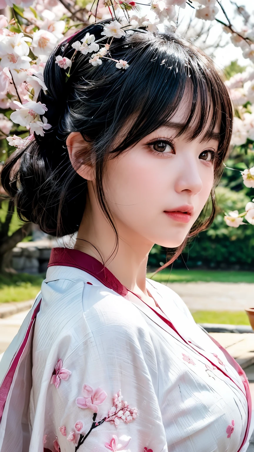 (logo、masterpiece、8k、table top、RAW photo、wonderful、最high quality、Photorealistic and hvery detailed CG integrated 8k wallpaper、high quality、very detailed、narrative poem、particle effects、dynamic effects、Depth of the bounds written、cinematic light、Lens flare、ray tracing)、fantasy、 (1 beautiful woman、white kimono、Japan Dresses、white cherry blossom pattern、White cherry blossom embroidery pattern、black haired、beautiful face、real face、beautiful details eyes beautiful skin)、Hair flutters in Wind、hair bounces、pink cherry tree、petals dance、SakuraFubuki、Spectacular view、sunrise、sun on background、Wind、god々、tooth、god話、vast land