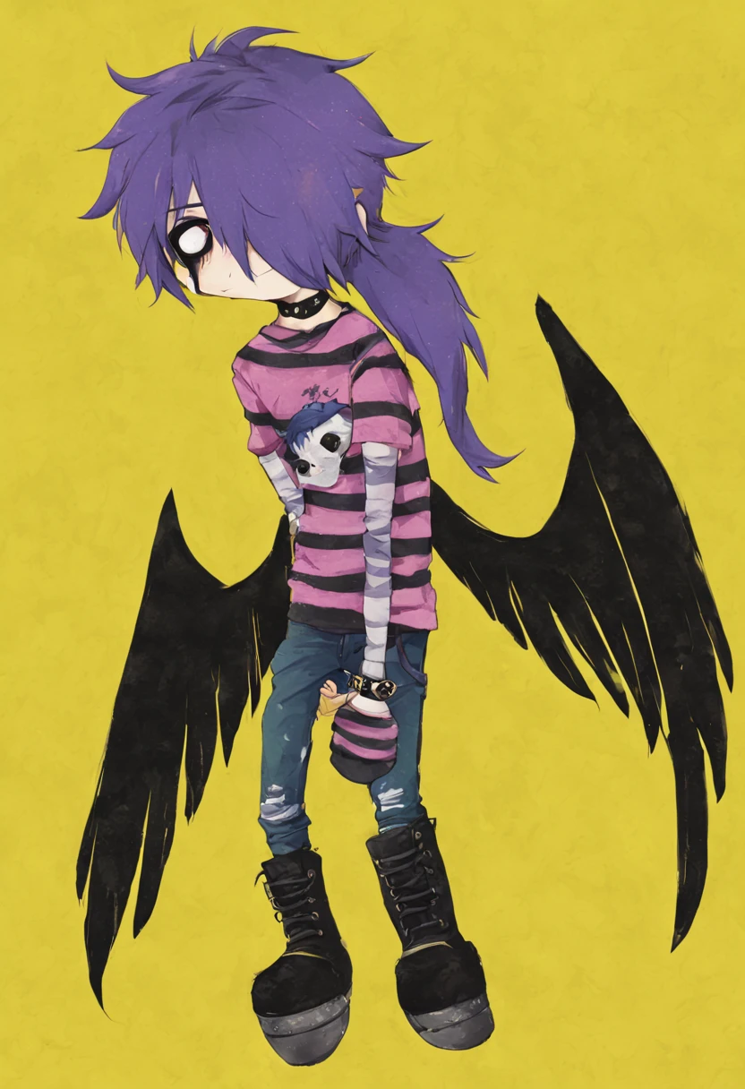 score_9, 2000s emo, solo, full body, hair medium long, blue ponytail, hair over one eye, black jeans, blue cap, pink t-shirt, clothed, yellow background, hair, shirt, humanoid, choker, male, black winter boots, bangles, purple hair, blue striped, safe, solo, chibi, simple background, clothing, o_o, undead, 1boy, on wings, localized bike park