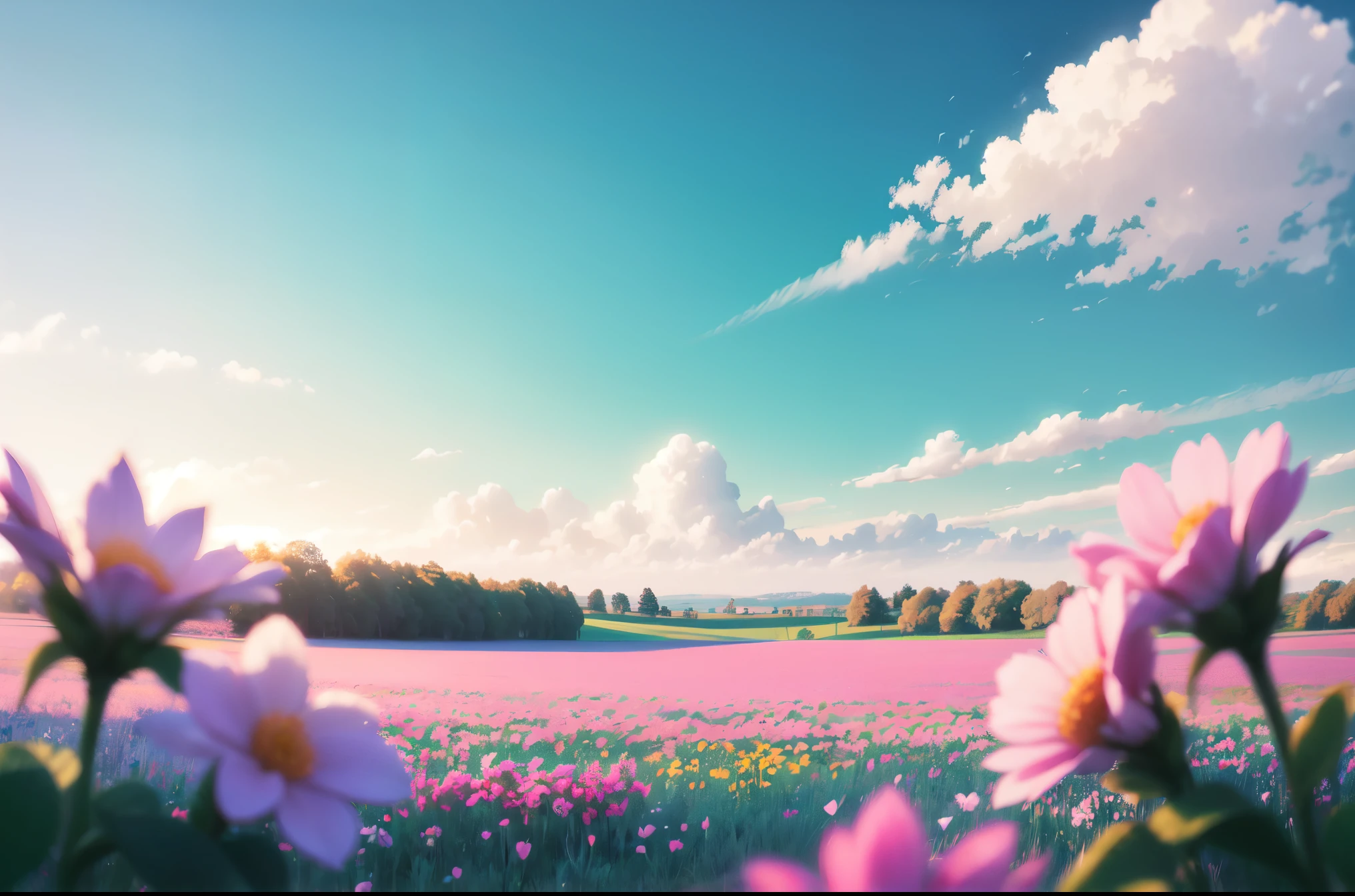 flowers in a field with a blue sky in the background, dreamy floral background, blur dreamy outdoor, blue and pink colors, soft flowers, dreamy colors, dreamy blurred lens, field of fantasy flowers, lost in a dreamy fairy landscape, field of flowers background, soft blue light, pink and blue colors, soft blue and pink tints, beatiful backgrounds