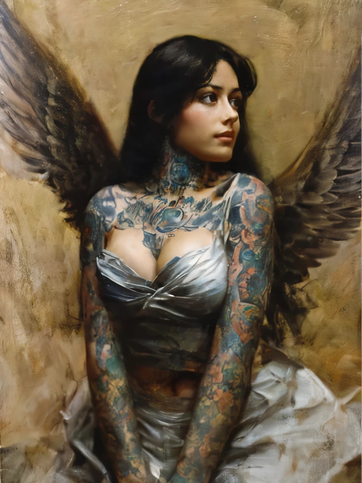 an angel, large breasts, cleavage, tattoos, portrait, style of Michael Parkes